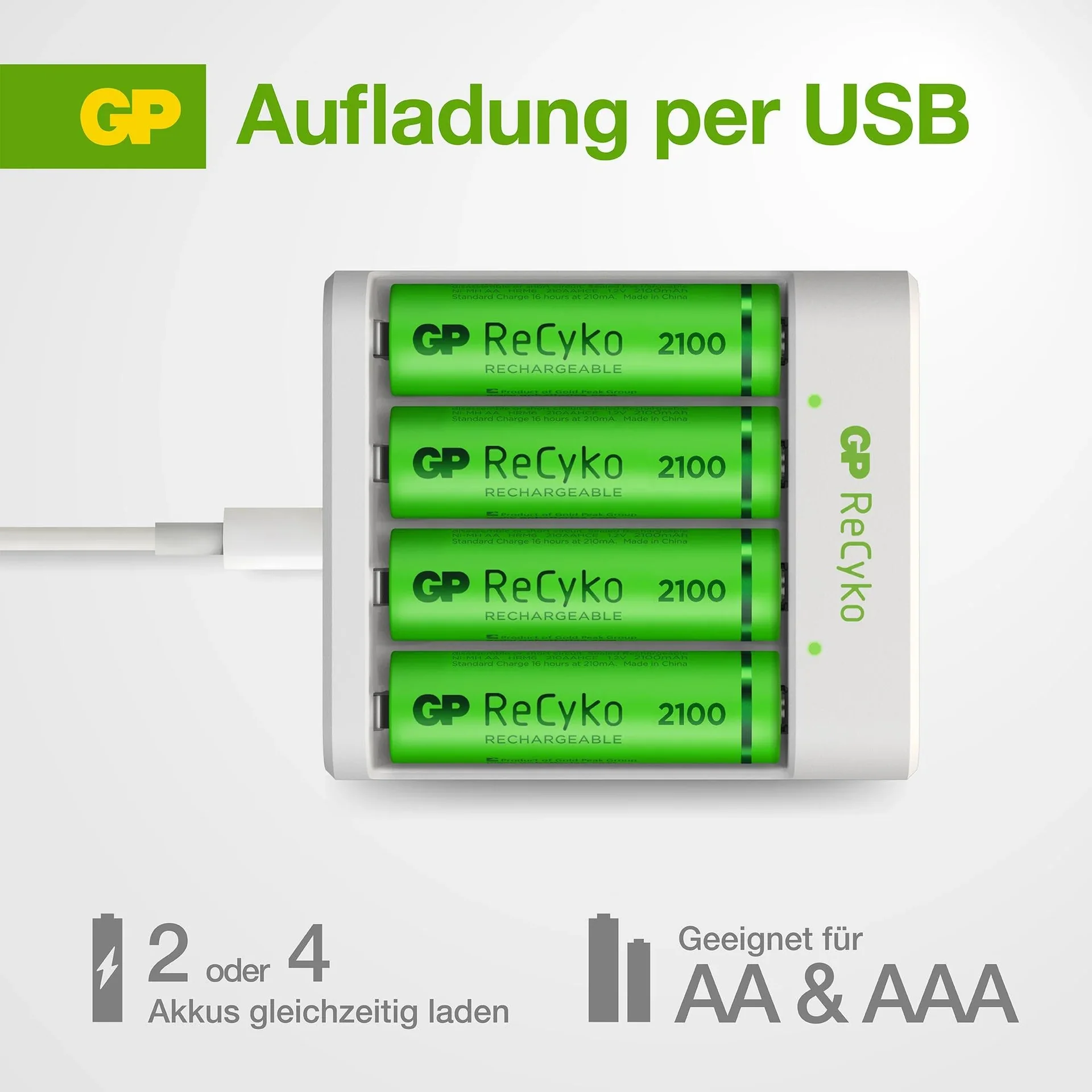 USB Ladegerät für 4 AA / AAA NiMH Akkus inklusive 4 Stück ReCyko Mignon (AA) NiMH Akkus mit 2100 mAh - 0