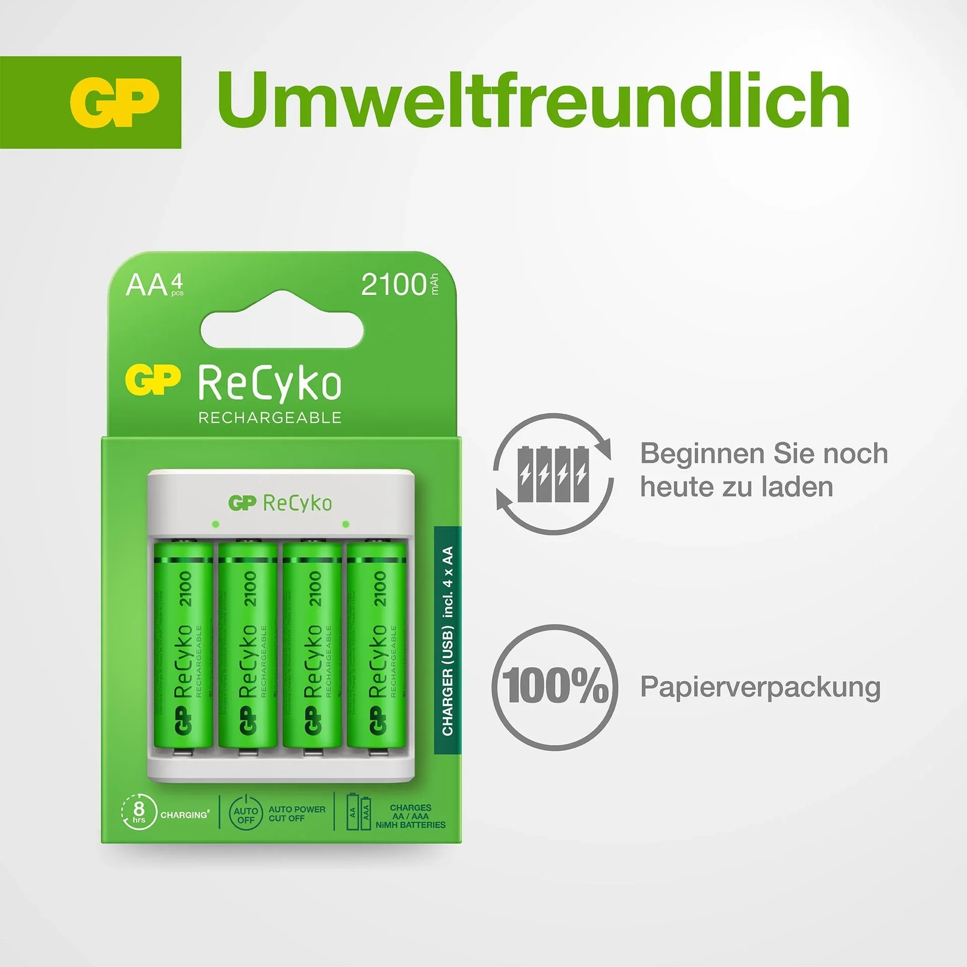 USB Ladegerät für 4 AA / AAA NiMH Akkus inklusive 4 Stück ReCyko Mignon (AA) NiMH Akkus mit 2100 mAh - 6