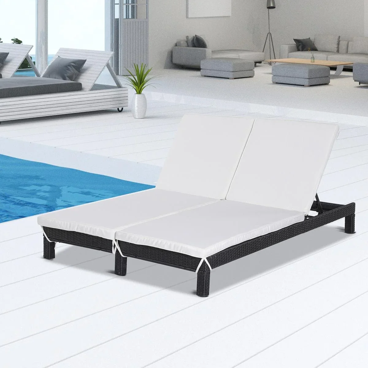 Gartenliege, Doppelliege, Relaxliege für 2 Personen, Luxus Lounge, 5-stufige Rückenlehne, Metall, PE Rattan, Creme, 195 - 1