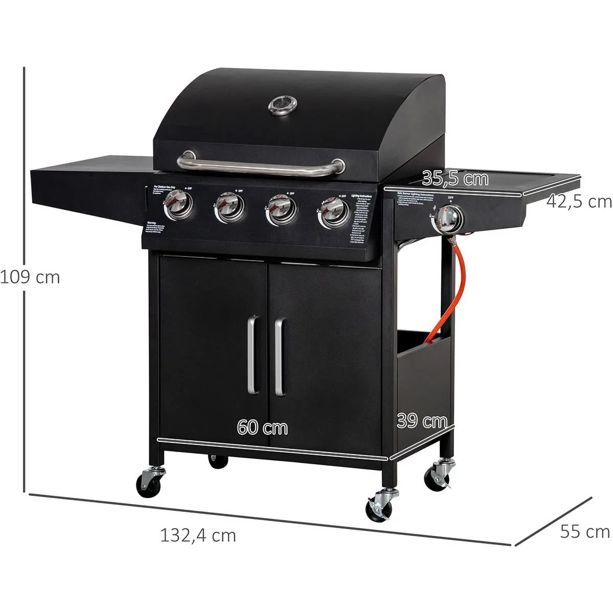 Gasgrill - 4 Brenner - 1 Seitenbrenner - Schwarz - 132 x 55 x 109 cm - 1