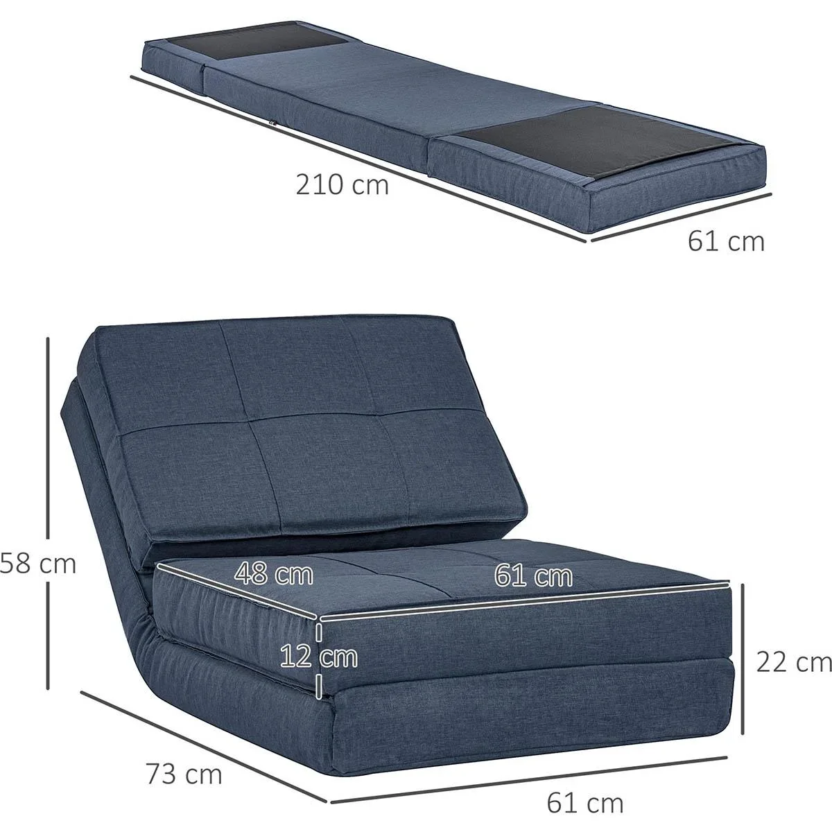 3-in-1 Bodensofa, klappbar, Leinenoptik, dunkelblau, 61 x 73 x 58 cm - 2