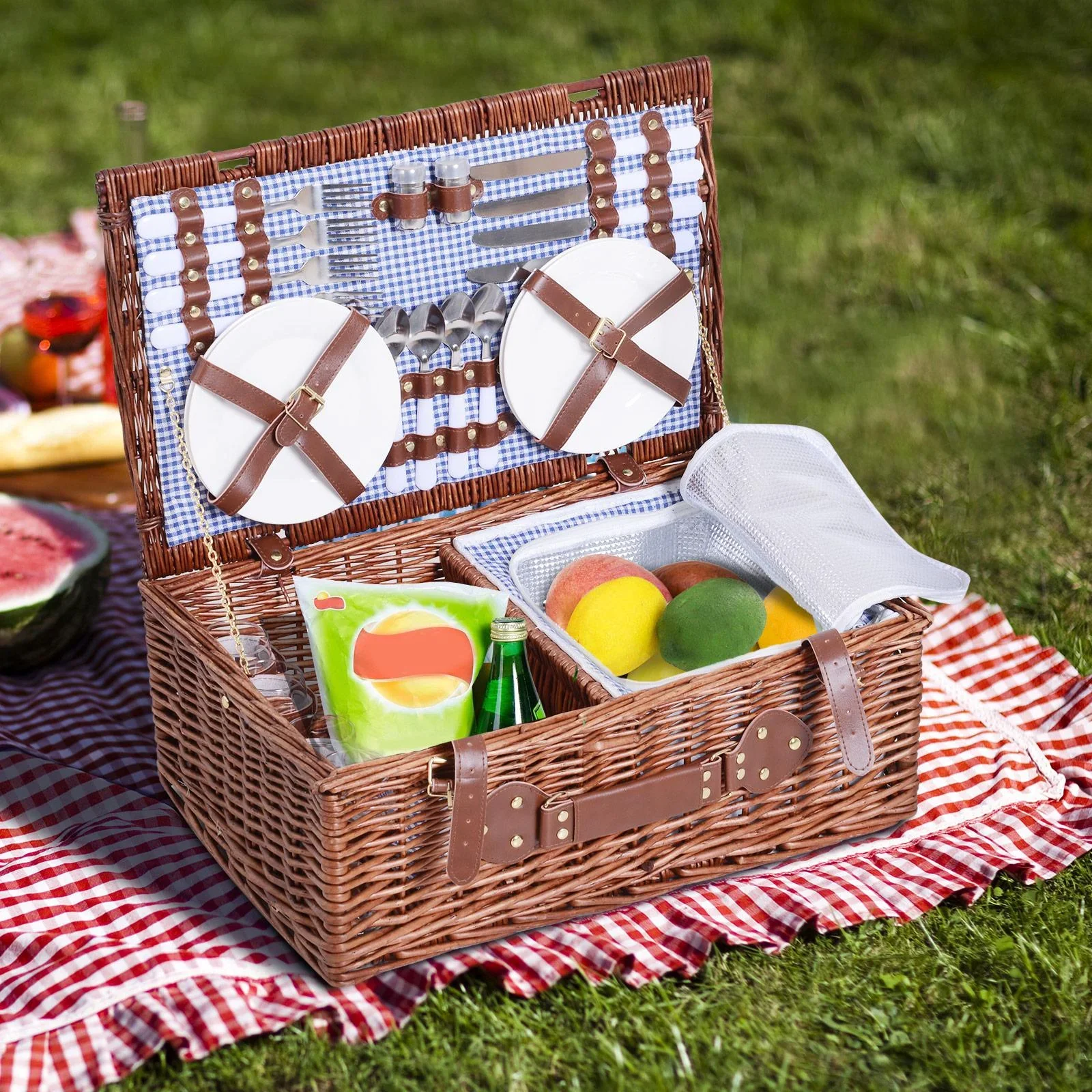 Picknickkorb für 4 Personen Picknickkoffer Picknickset mit Kühltasche Utensilien Glas Braun 54 x 34 x 20 cm - 5
