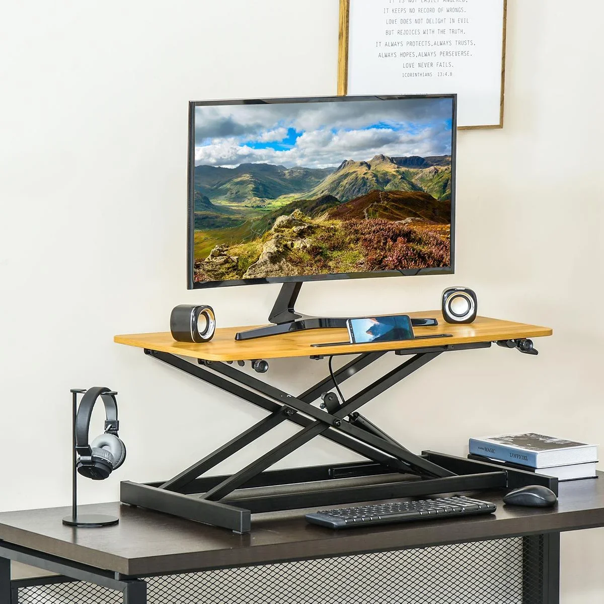 Sitz-Steh-Schreibtisch Steharbeitsplatz Stehpult Monitorständer Höhenverstellbar Stahl MDF Natur 80 x 40 x 13,5-51 cm - 0