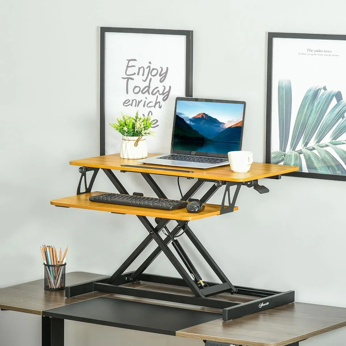 Sitz-Steh-Schreibtisch Steharbeitsplatz Stehpult Monitorständer Höhenverstellbar Stahl MDF Natur 80 x 40 x 13,5-51 cm - 2