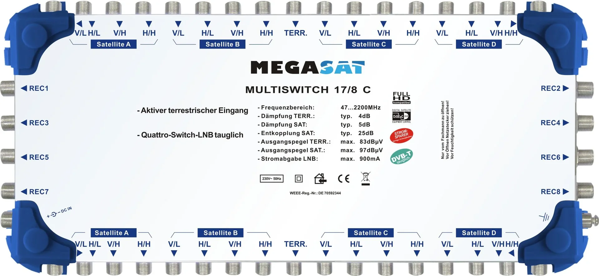 Multischalter 17/8 C - Erweiterbares System. Geeignet für 4 Satelliten bis zu 8 Teilnehmer pro Multischalter - 1