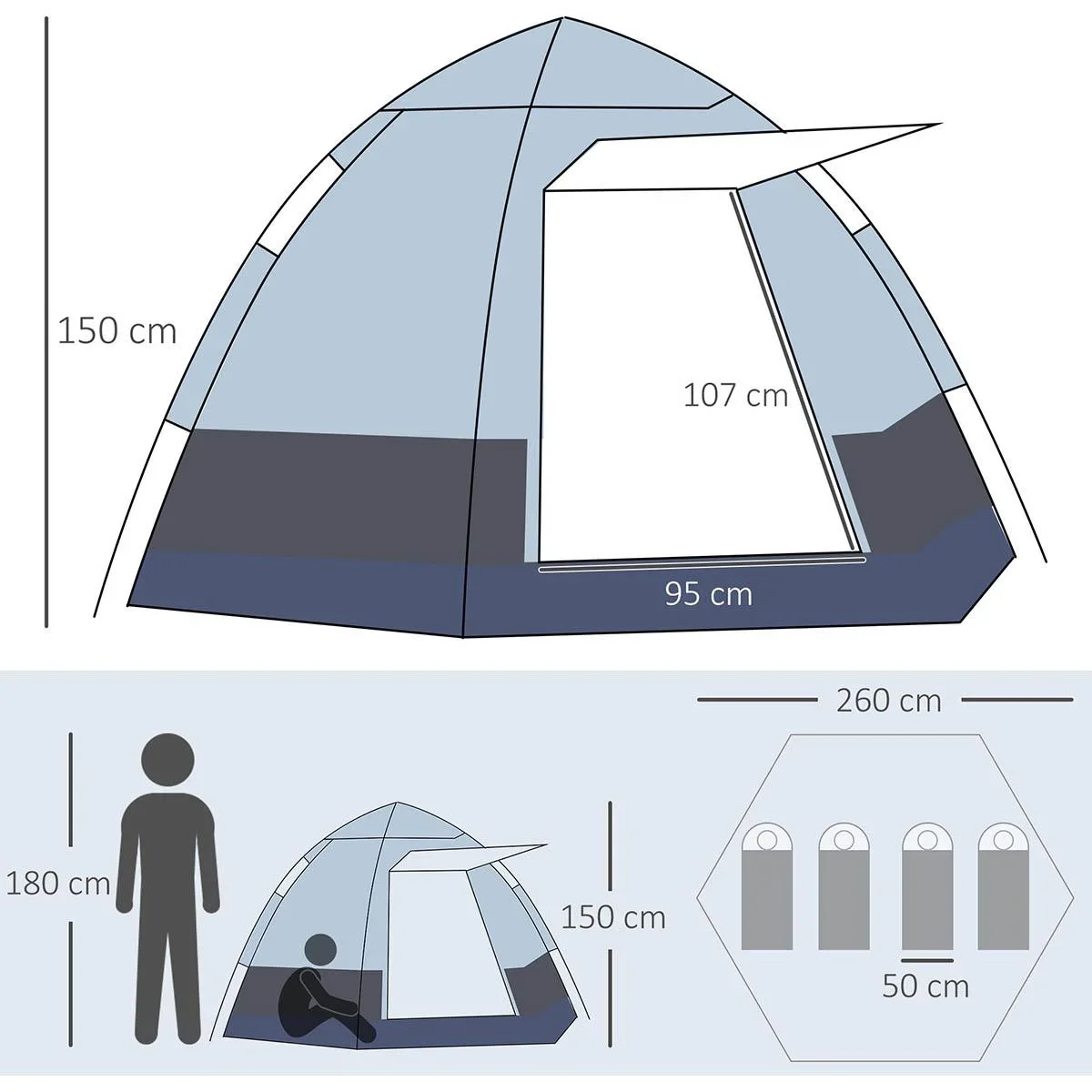 Campingzelt 3-4 Personen - Grau/Schwarz - 260 x 260 x 150 cm - 2