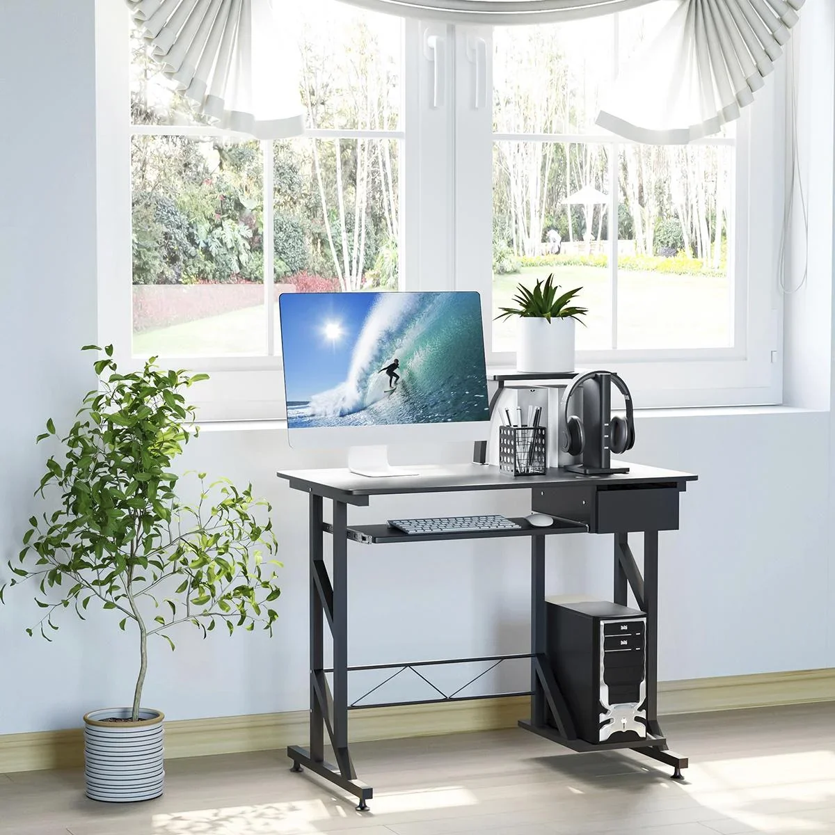 Computertisch Arbeitstisch mit Regalen und Schubladen Schreibtisch Bürotisch Platzsparend stabil Metall MDF Schwarz 90 x - 1
