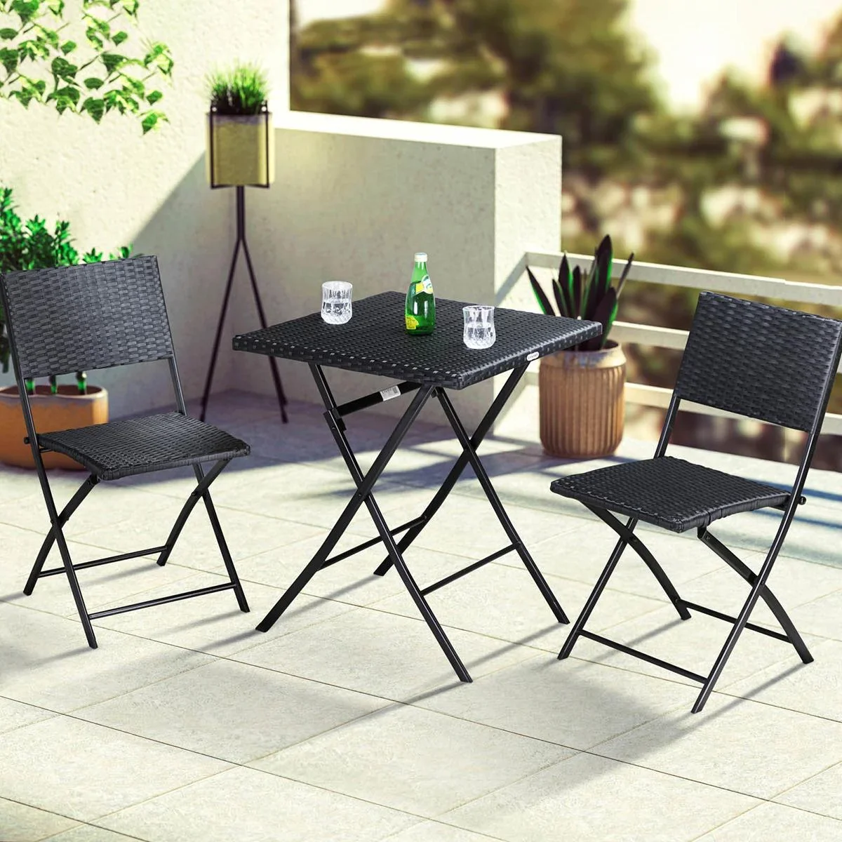 3 Stück Garten-Set - Tisch, Klappstühle - Polyrotan - Schwarz - 2