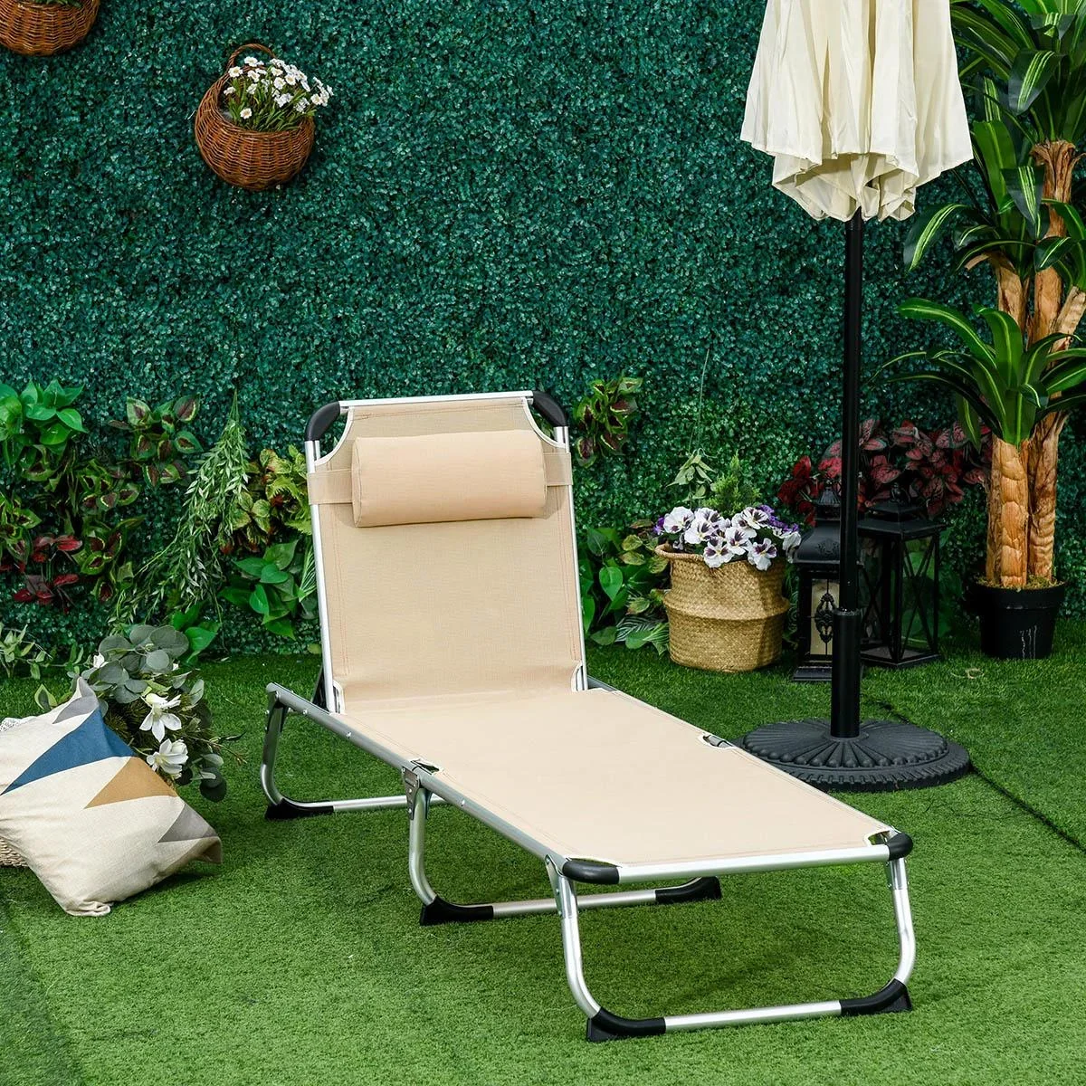 Sonnenliege Gartenliege Alu Stoffliege Relaxliege 5-fach verstellbar faltbar ergonomisch Netzstoff Beige 170 x 60 x 76 c - 0