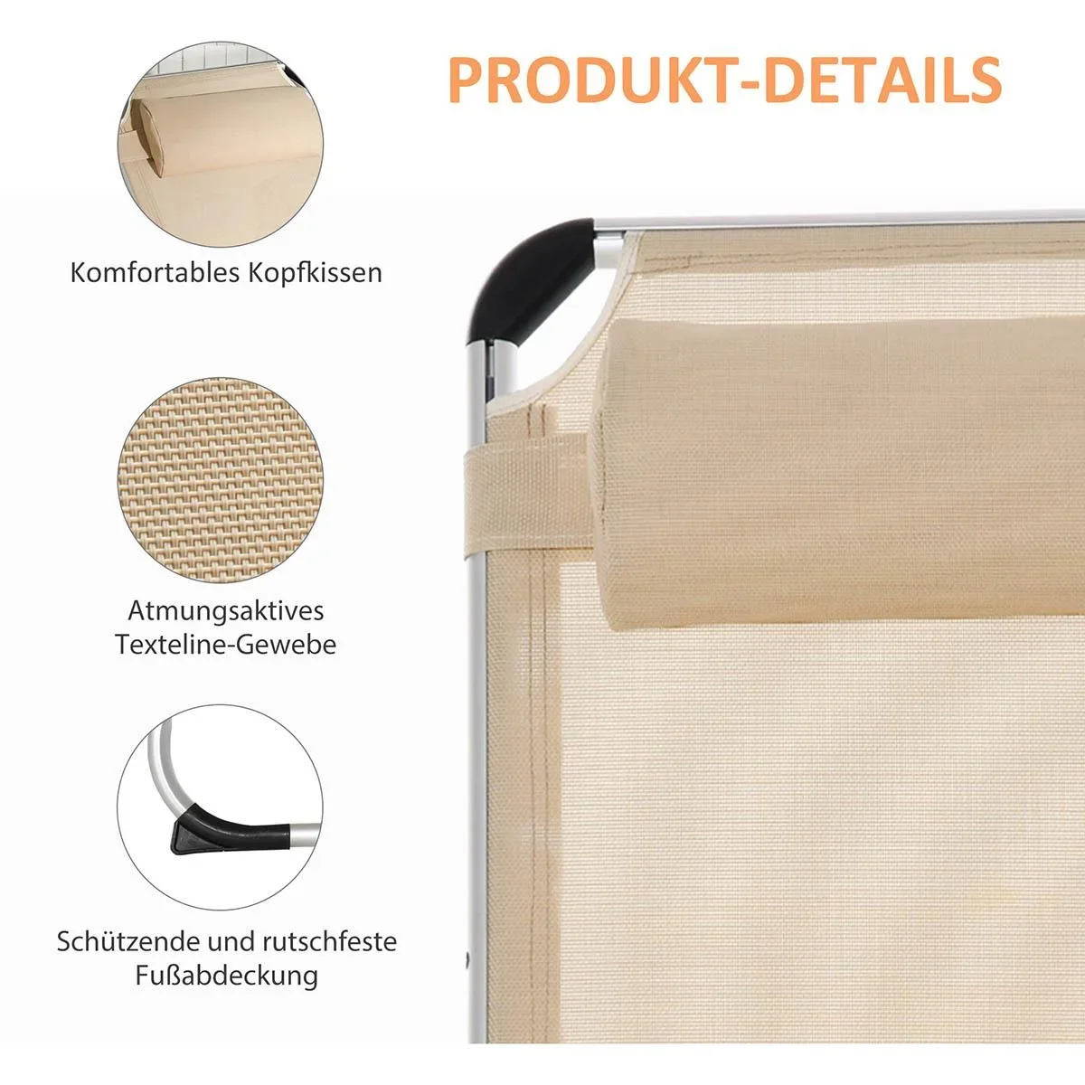 Sonnenliege Gartenliege Alu Stoffliege Relaxliege 5-fach verstellbar faltbar ergonomisch Netzstoff Beige 170 x 60 x 76 c - 2