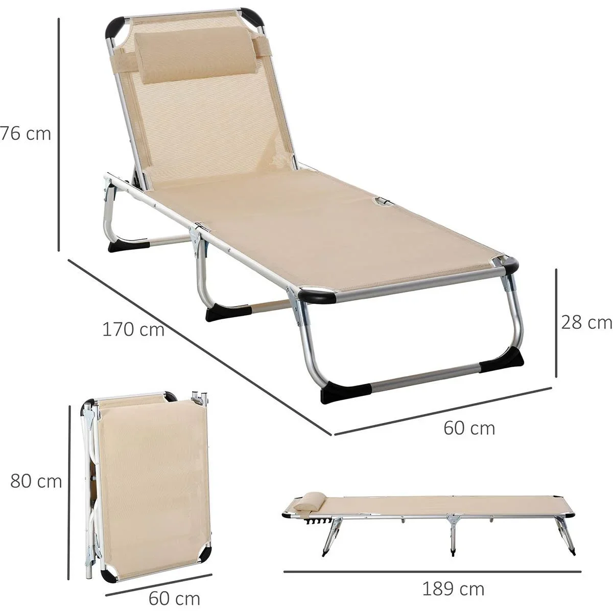 Sonnenliege Gartenliege Alu Stoffliege Relaxliege 5-fach verstellbar faltbar ergonomisch Netzstoff Beige 170 x 60 x 76 c - 3