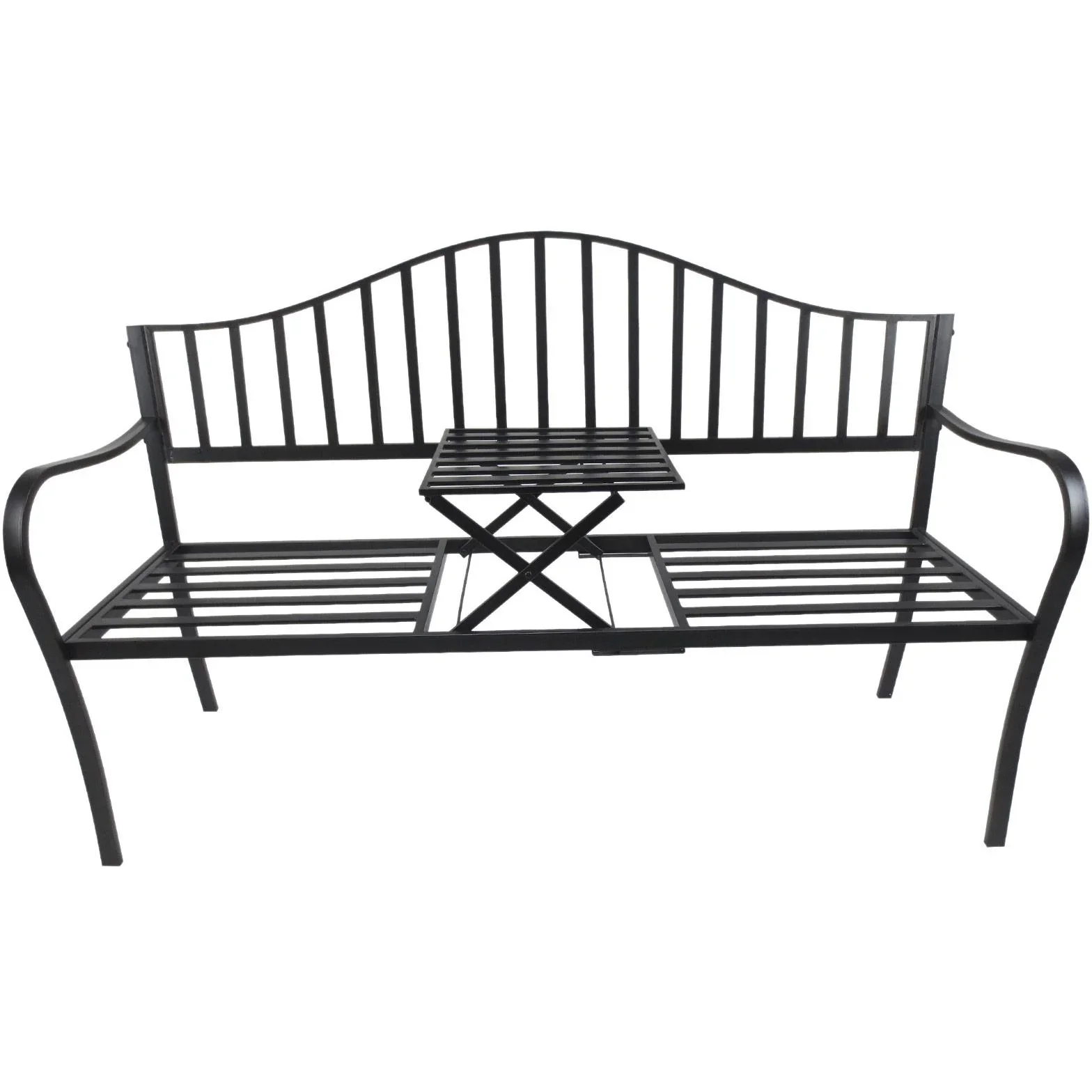 Gartenbank 2 Sitzer Sitzbank Parkbank Metallbank Bankauflage mit Armlehne mit Klappbeistelltisch Schwarz 160 x 53 x 95 c - 0