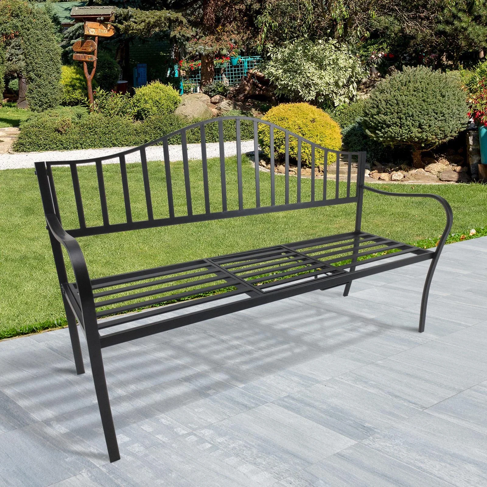 Gartenbank 2 Sitzer Sitzbank Parkbank Metallbank Bankauflage mit Armlehne mit Klappbeistelltisch Schwarz 160 x 53 x 95 c - 2