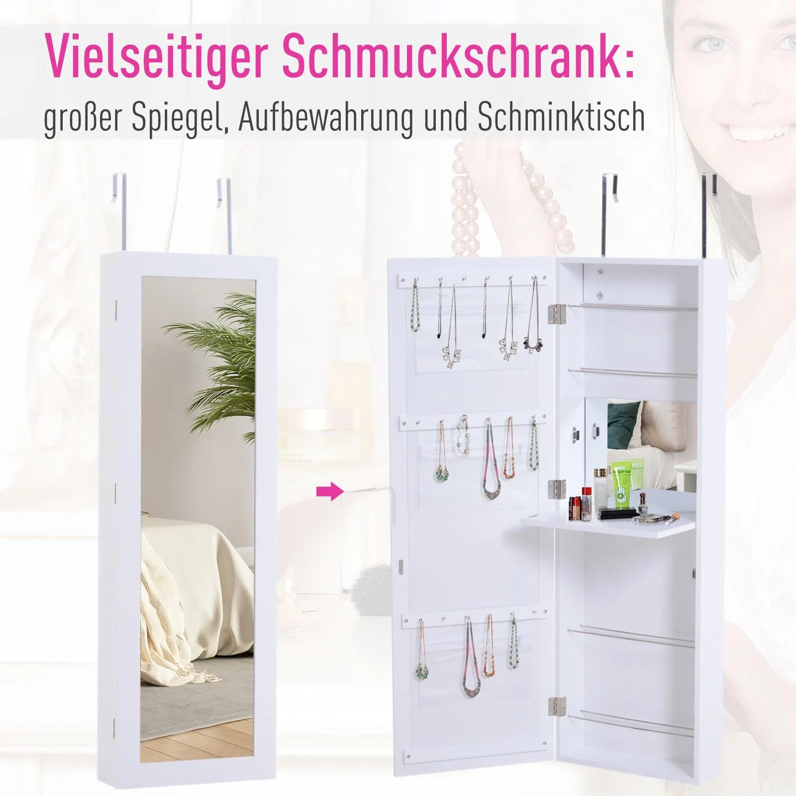 Spiegelschrank Schmuckschrank mit Innenspiegel ausklappbare Wandspiegel höhenverstellbar Weiß - 5