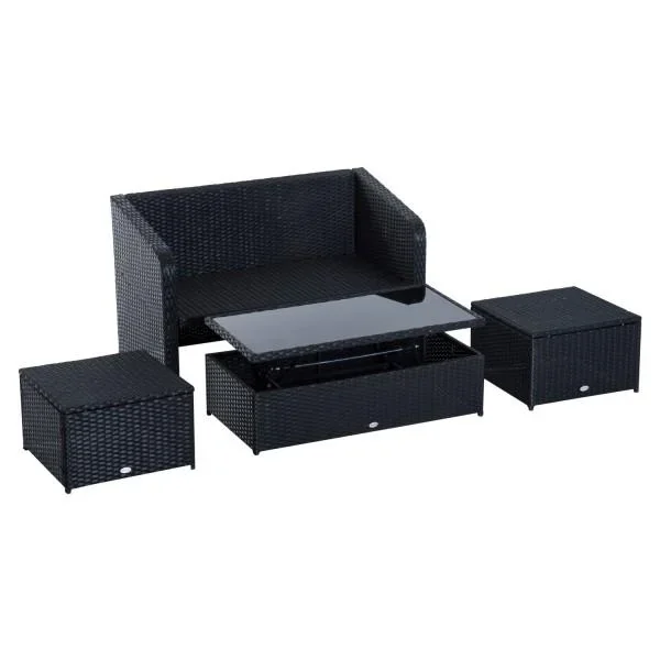 4-tlg. Polyrattan Gartenmöbel Sitzgruppe Lounge mit Kissen Schwarz 1 x Doppelsofa 1 x Couchtisch 2 x Hocker - 5