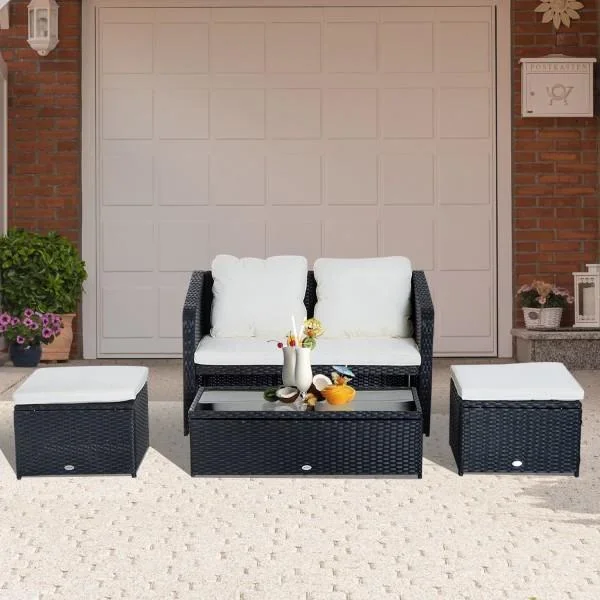 4-tlg. Polyrattan Gartenmöbel Sitzgruppe Lounge mit Kissen Schwarz 1 x Doppelsofa 1 x Couchtisch 2 x Hocker - 6