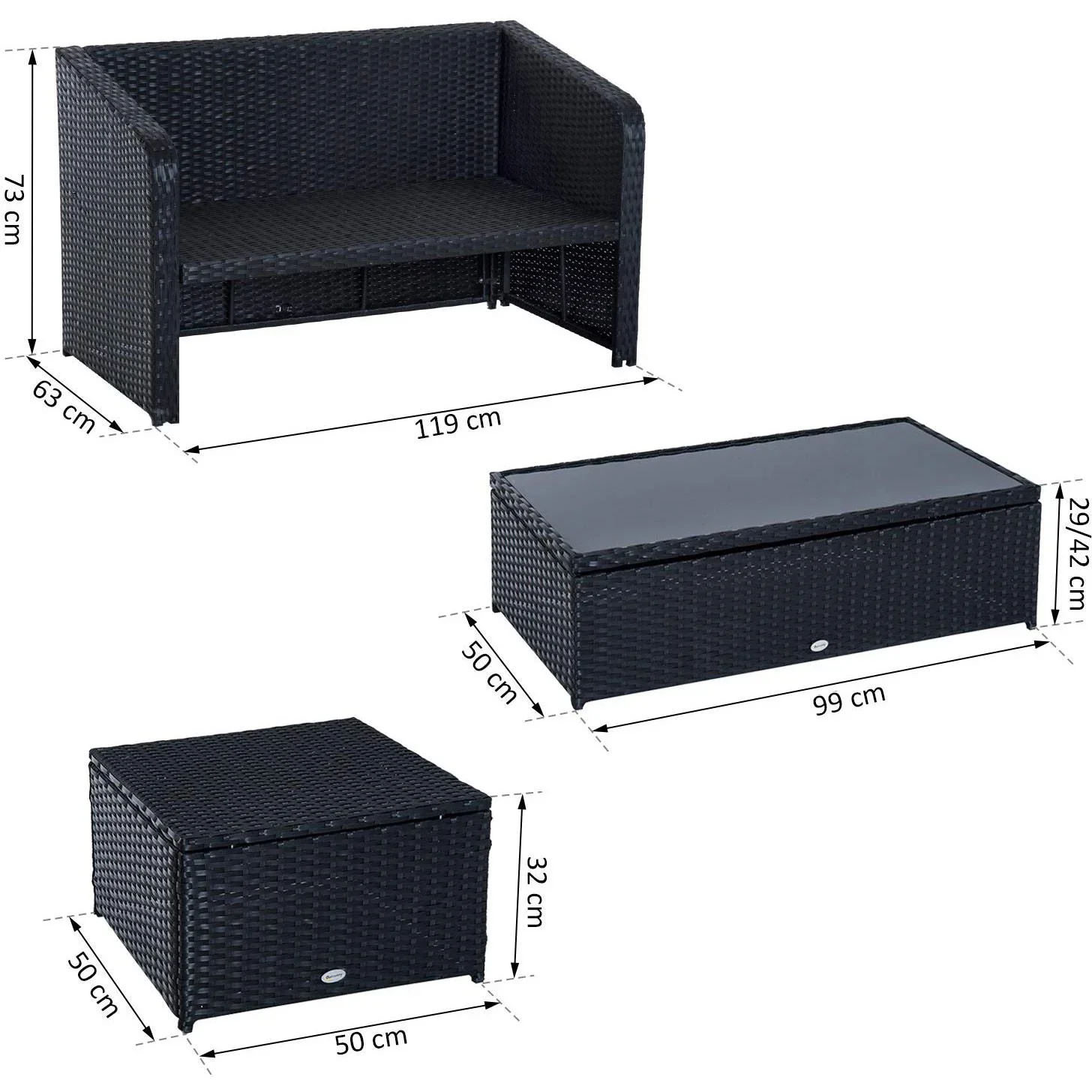 4-tlg. Polyrattan Gartenmöbel Sitzgruppe Lounge mit Kissen Schwarz 1 x Doppelsofa 1 x Couchtisch 2 x Hocker - 7