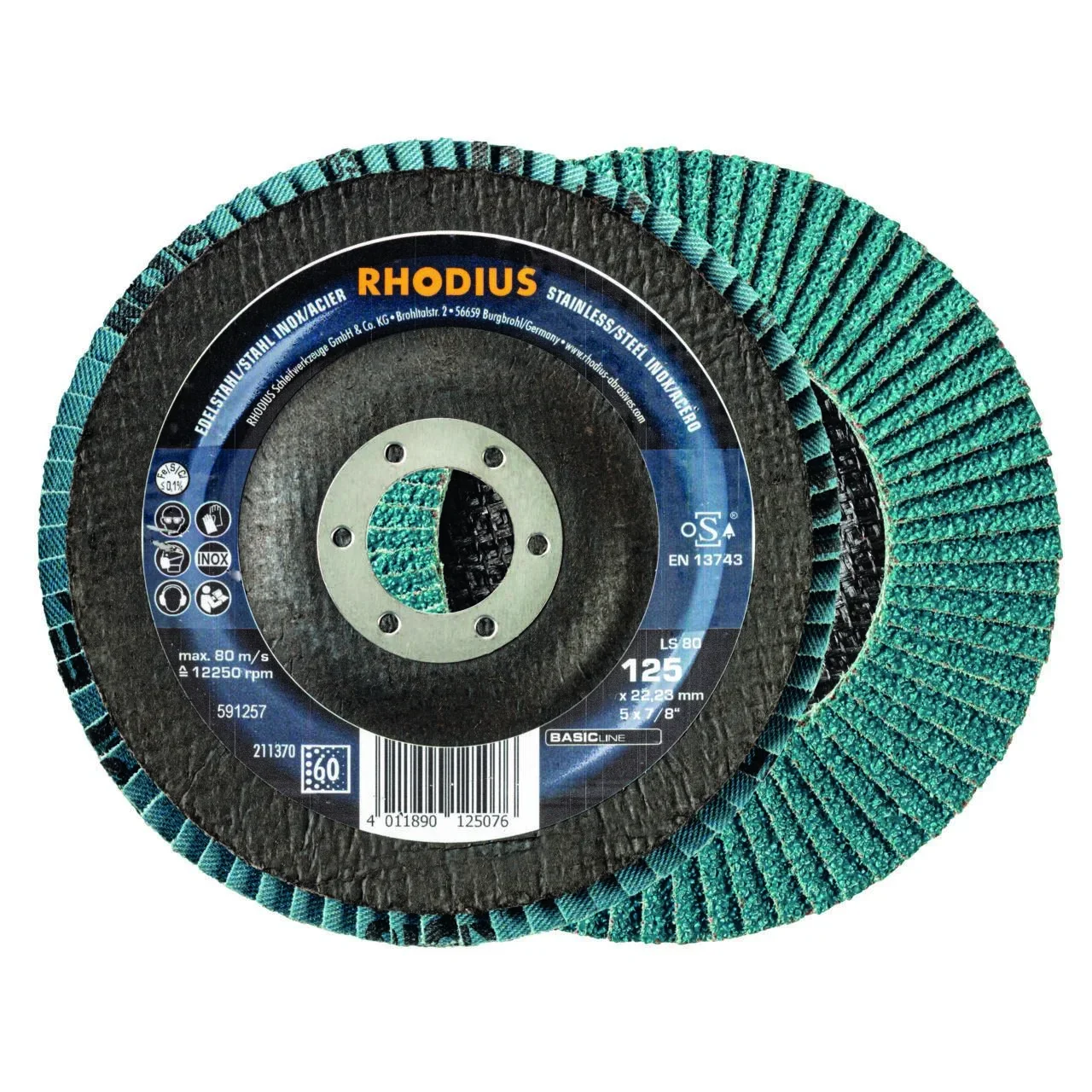 Fächerschleifscheibe LS80 Stahl & INOX, 125 x 22 x 22,23 mm, K60, 10 Stück - 0