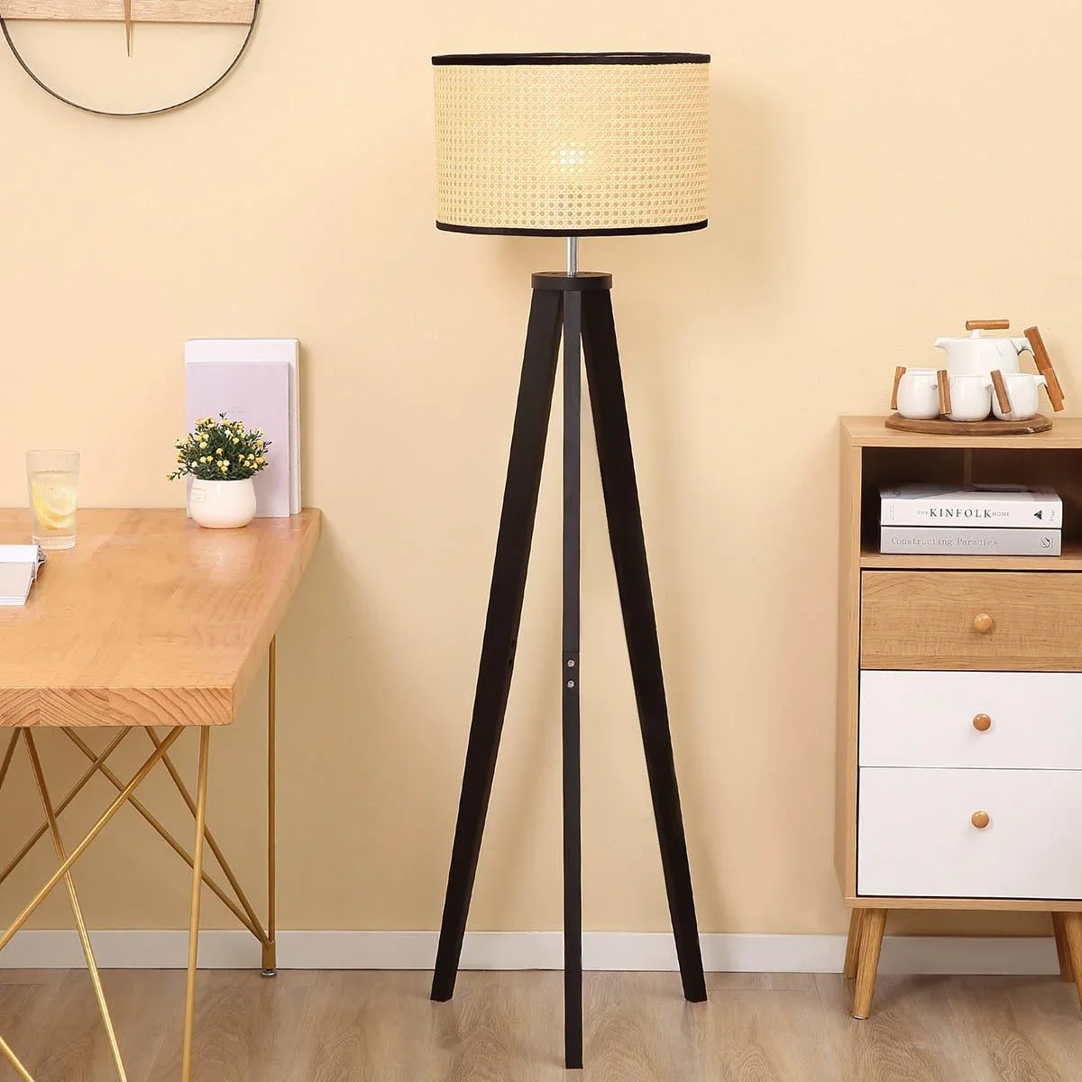 Stehlampe Wohnzimmer Tripod Stehleuchte 40W moderne Standleuchte mit E27 Fassung Holzfuß für Schlafzimmer Büro Schwarz+G - 0