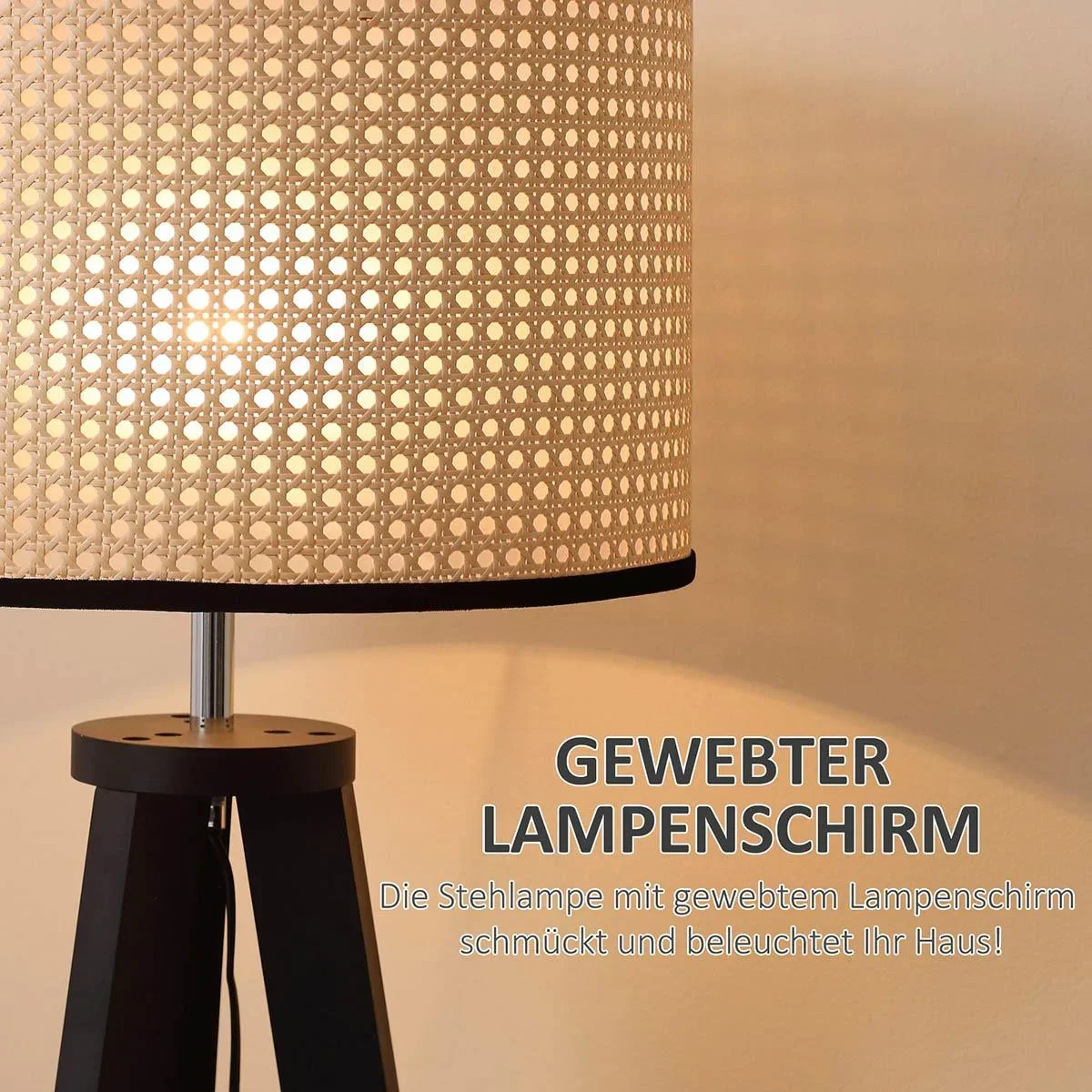 Stehlampe Wohnzimmer Tripod Stehleuchte 40W moderne Standleuchte mit E27 Fassung Holzfuß für Schlafzimmer Büro Schwarz+G - 3