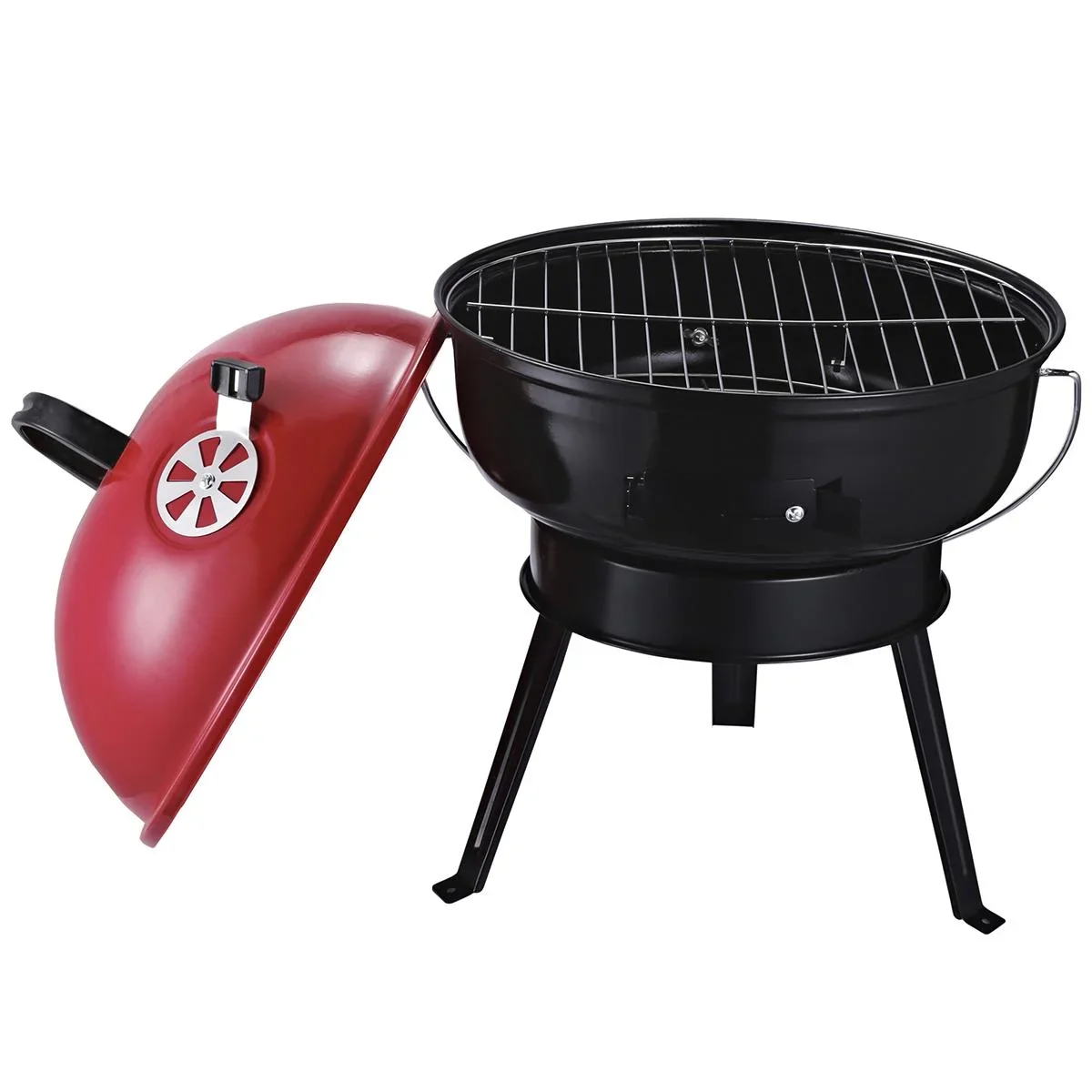 Kugelgrill Holzkohlegril Windschutz Dreibeinfuß Camping Picknick tragbar Metall Rot+Schwarz Ø36,5 x 54 cm Holzkohlegrill - 2