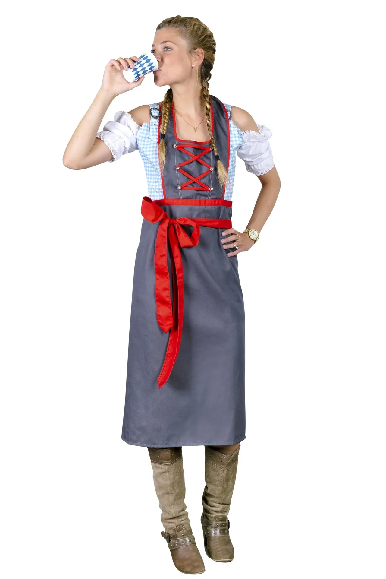 Schürze für Damen, Farbe grau/rot, Einheitsgröße - 6