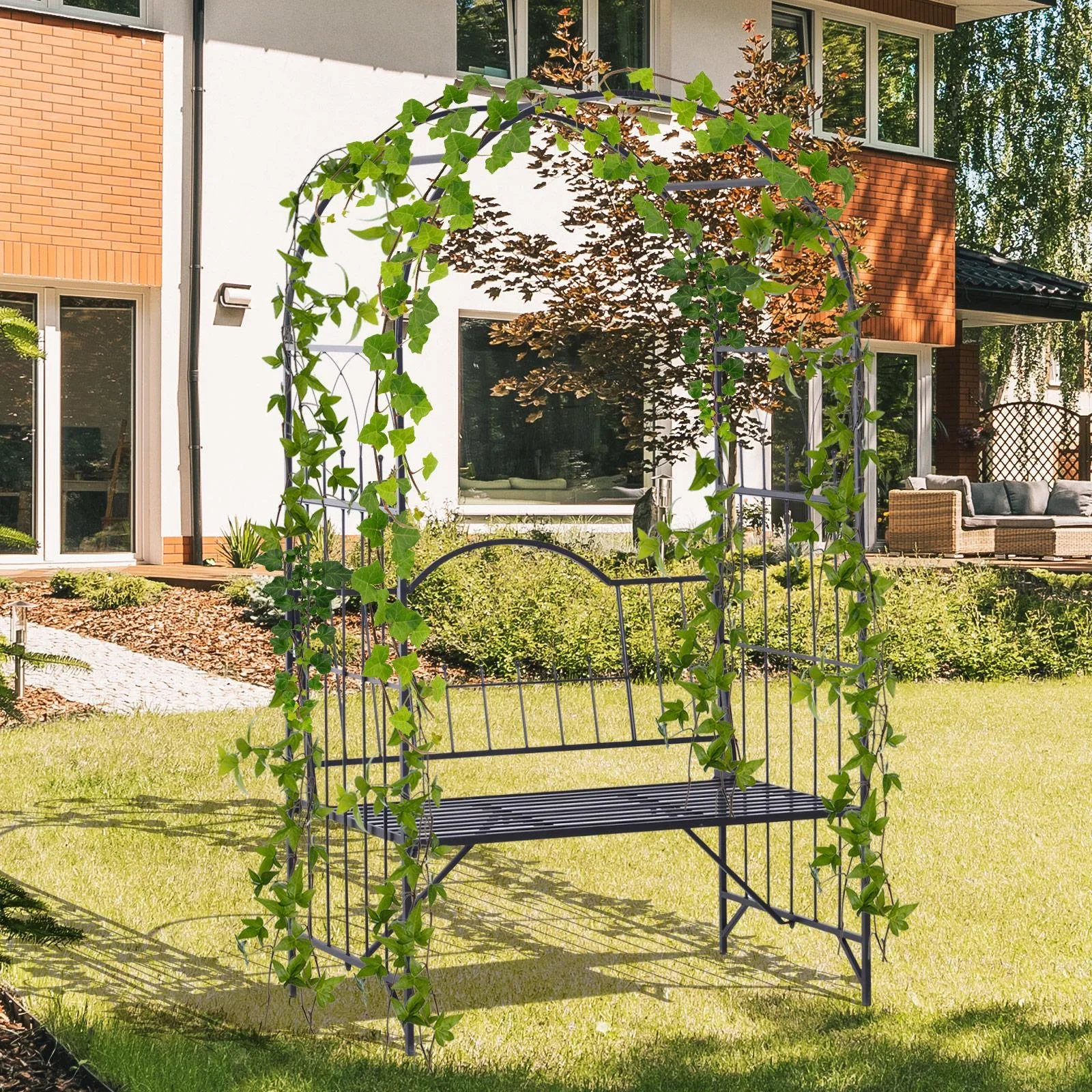 Rosenbogen mit Bank Rosenbank Laubenbank Philosophenbank Gartenbank Metall Schwarz 115 x 59 x 203 cm - 0