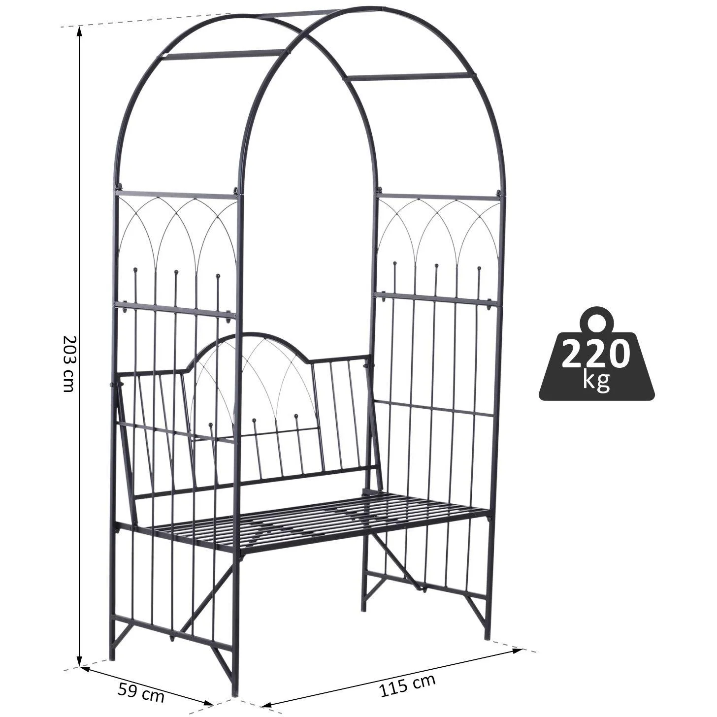 Rosenbogen mit Bank Rosenbank Laubenbank Philosophenbank Gartenbank Metall Schwarz 115 x 59 x 203 cm - 1