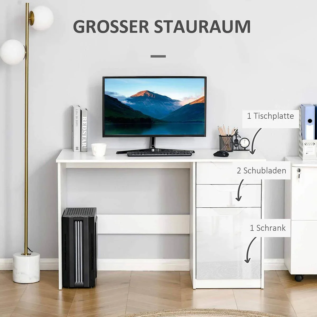 Schreibtisch Computertisch mit 2 Schubladen Schrank Arbeitstisch Bürotisch große Tischplatte Hochglanz Weiß 120 x 60 x 7 - 3