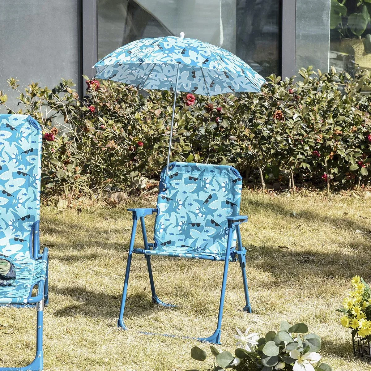 Kinder-Campingstuhl mit Sonnenschirm Kinder-Strandstuhl Klappstuhl für 1-3 Jahre leichte Gewicht Metall Blau 39 x 39 x 5 - 1