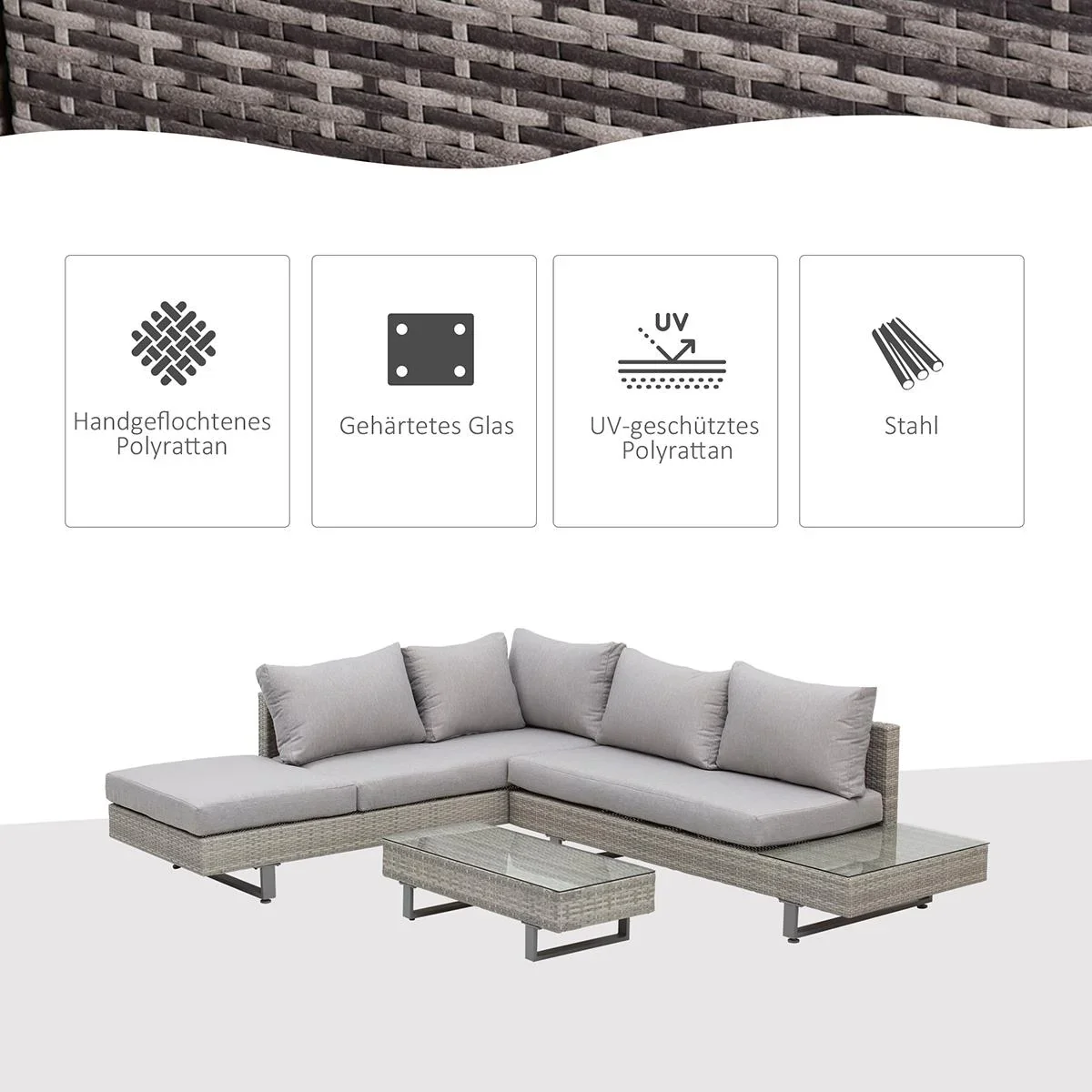 3-tlg. Luxus Polyrattan Gartengarnitur Gartenmöbel Garten-Set Sitzgruppe Loungeset Loungemöbel inkl. Ablagen und Beistel - 2