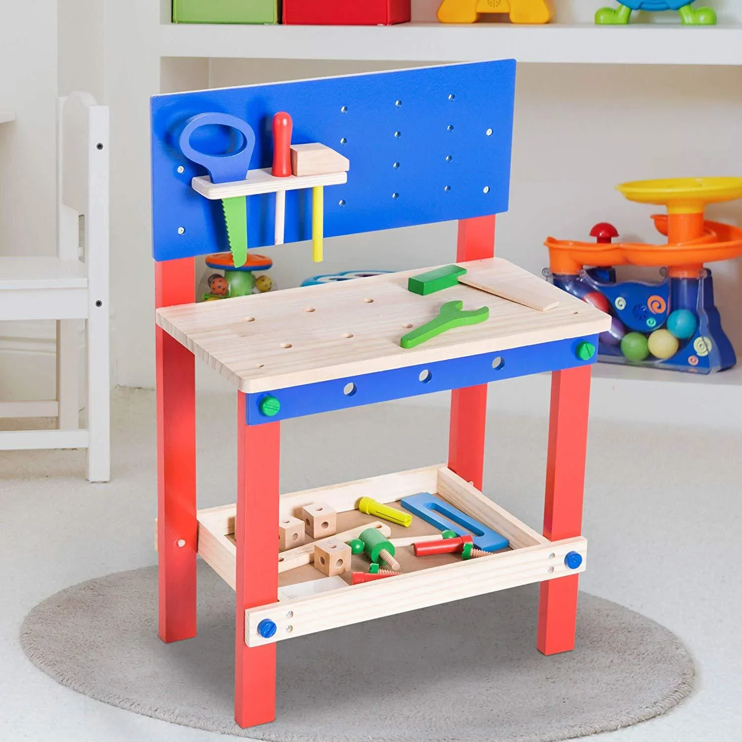 Kinder Werkbank Werkstatt Deluxe Kinderwerkbank Zubehör 20 PC Spielzeug Rot Blau L46xB30xH65 - 1
