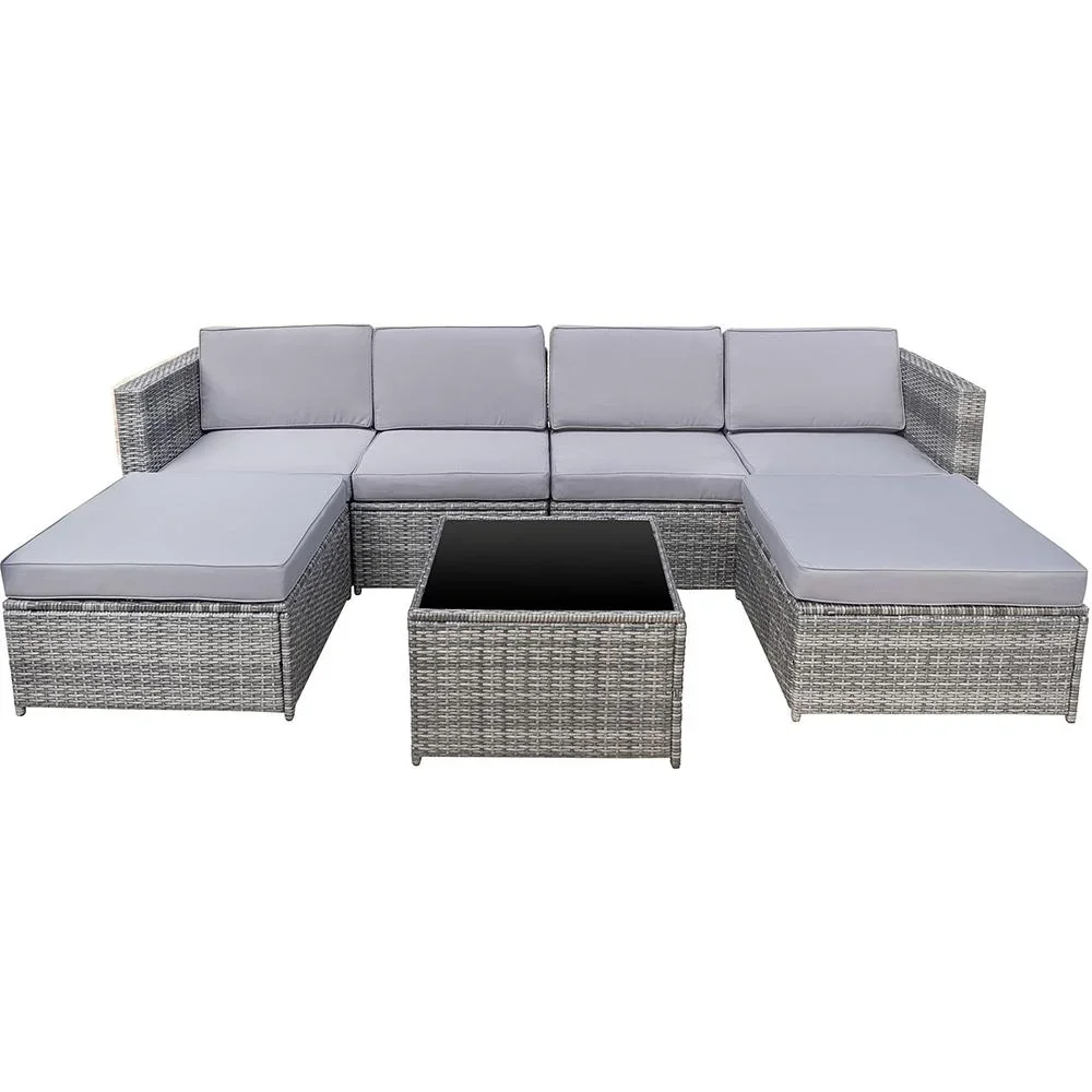 7-tlg, Polyrattan Gartengarnitur Gartenmöbel Garten-Set Loungeset inkl, Fußhocker Sitzkissen - 5