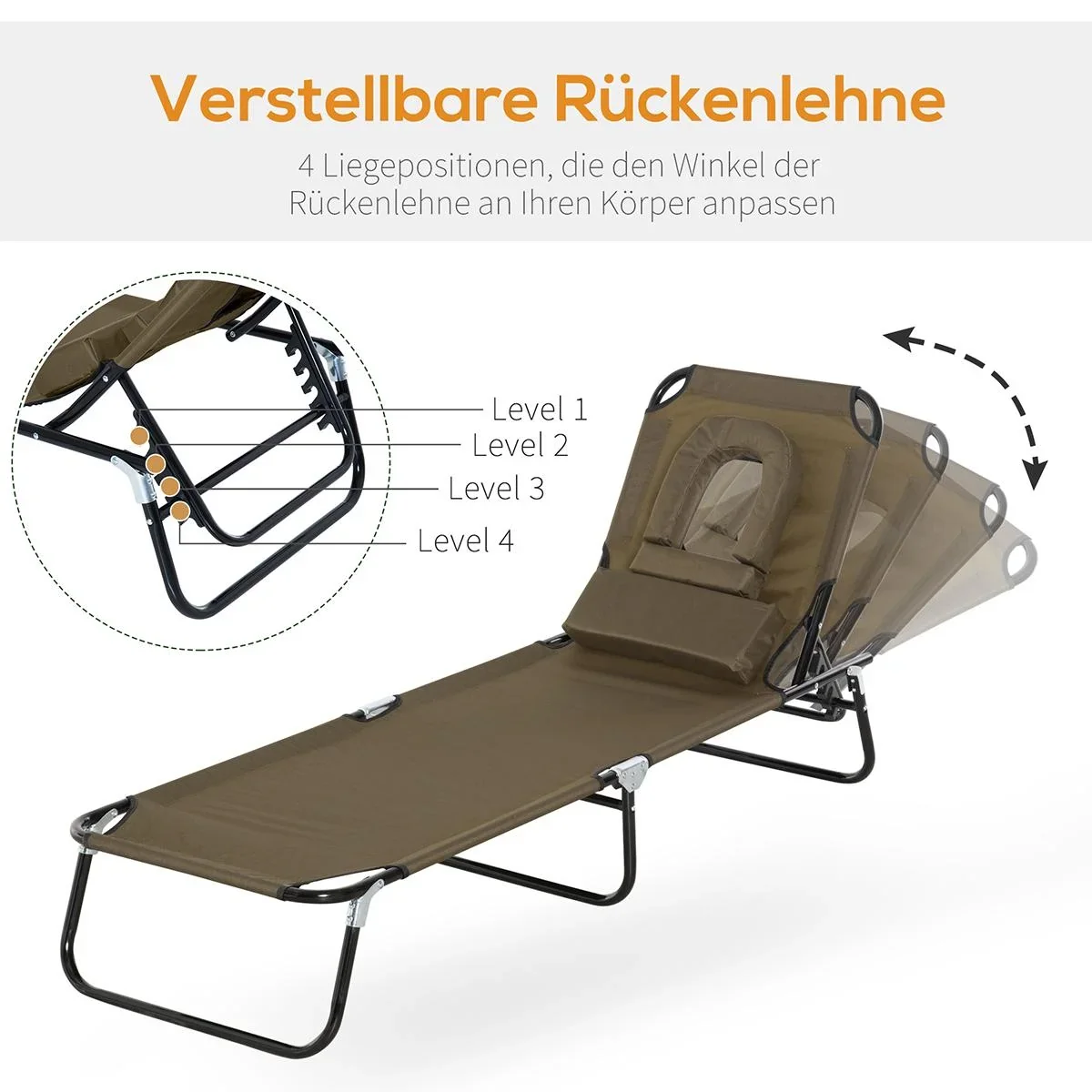 Sonnenliege Gartenliege Dreibeinliege Relaxliege mit Lesefenster Gesichtsöffnung Braun - 0