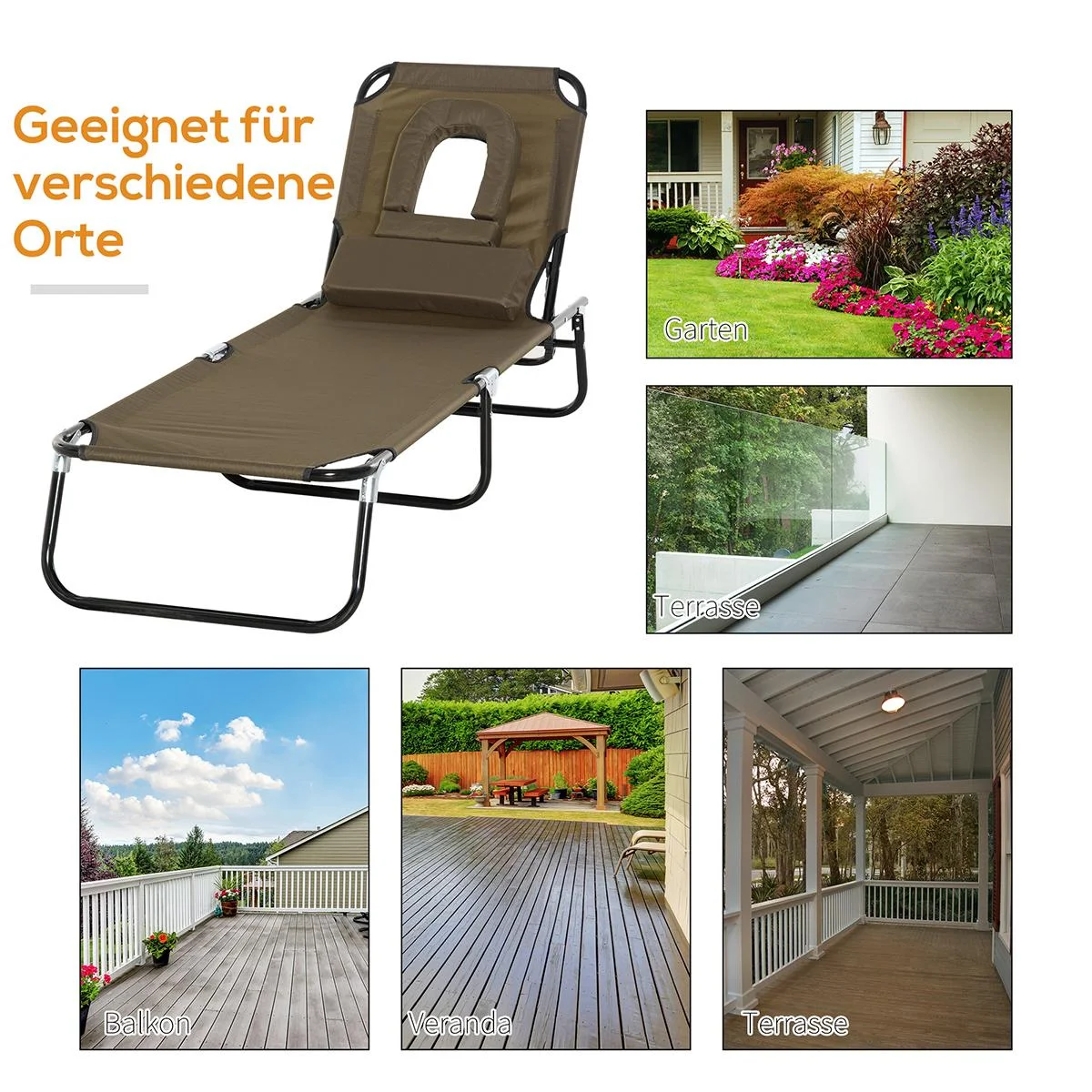 Sonnenliege Gartenliege Dreibeinliege Relaxliege mit Lesefenster Gesichtsöffnung Braun - 3