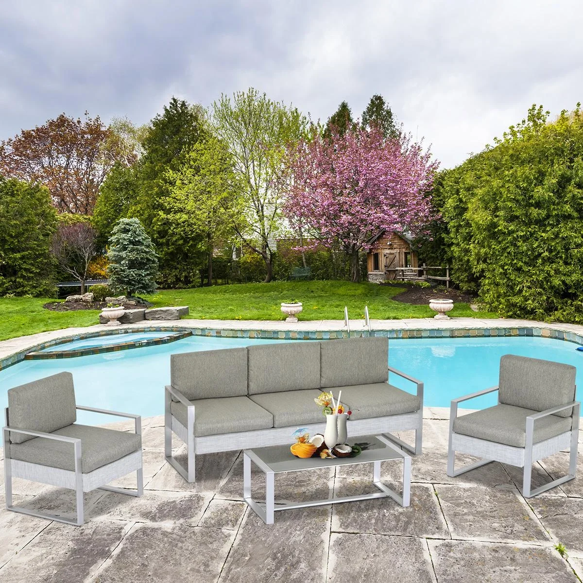 4-TLG. Gartenmöbel Gartensofa Set Garten-Lounge-Set mit Rückenlehne und Armlehne Metalldrehverfahren Garten Garnitur Sit - 1