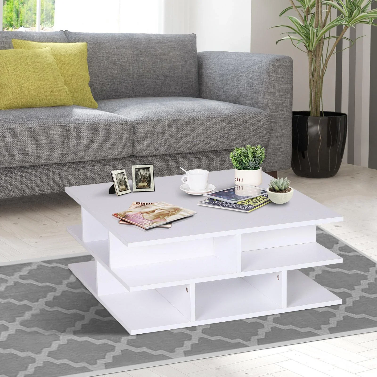 Couchtisch Beistelltisch Wohnzimmertisch Sofatisch Satztisch 12 x Ablage Holz Weiß 70 x 70 x 29 cm - 0