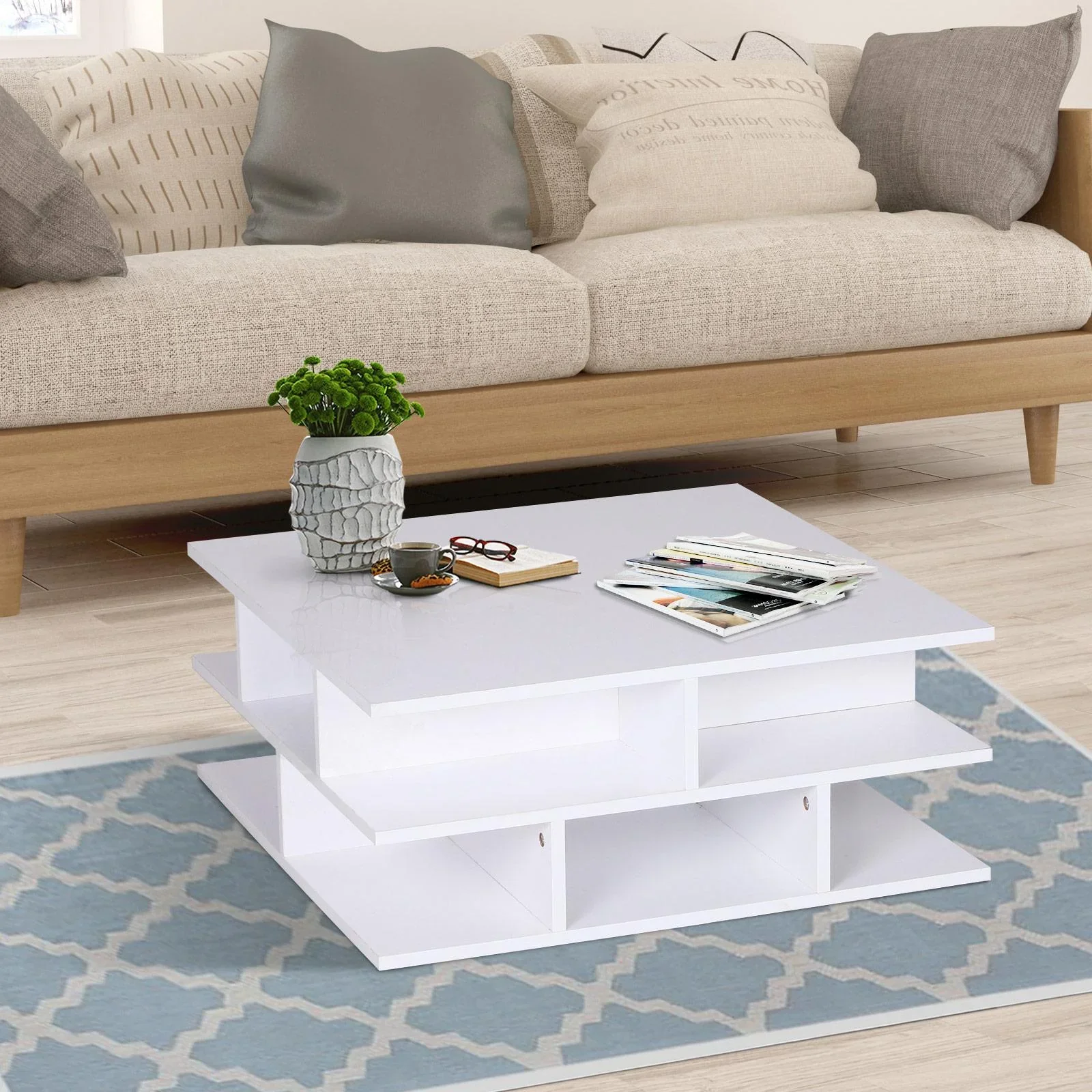 Couchtisch Beistelltisch Wohnzimmertisch Sofatisch Satztisch 12 x Ablage Holz Weiß 70 x 70 x 29 cm - 2