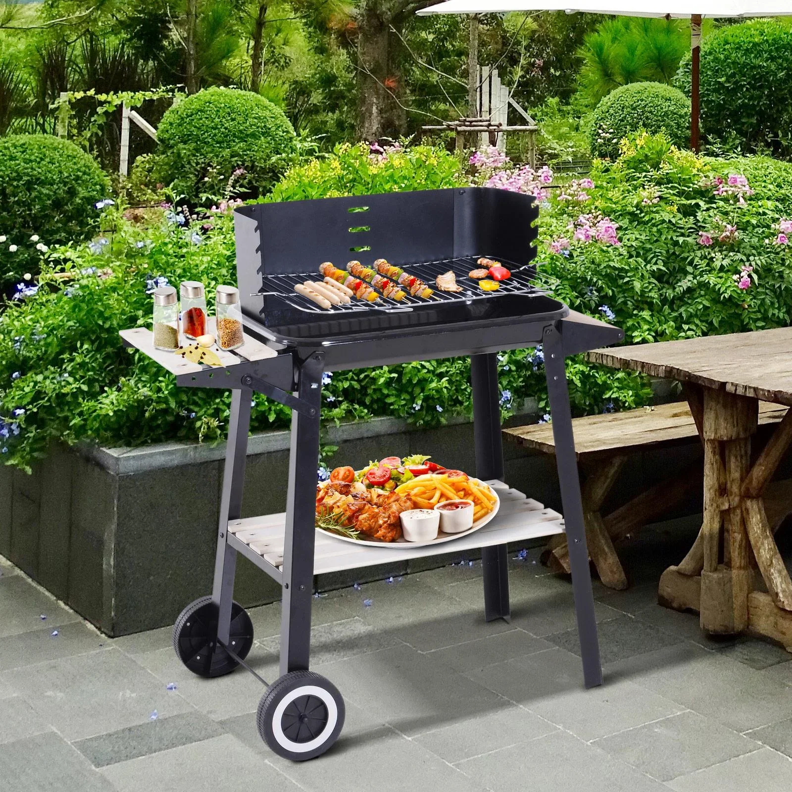 Grillwagen Standgrill Holzkohlegrill mit Windschutz 2 x Ablagefach höhenverstellbar Grillrost Metall Schwarz 87 x 45 x 8 - 2