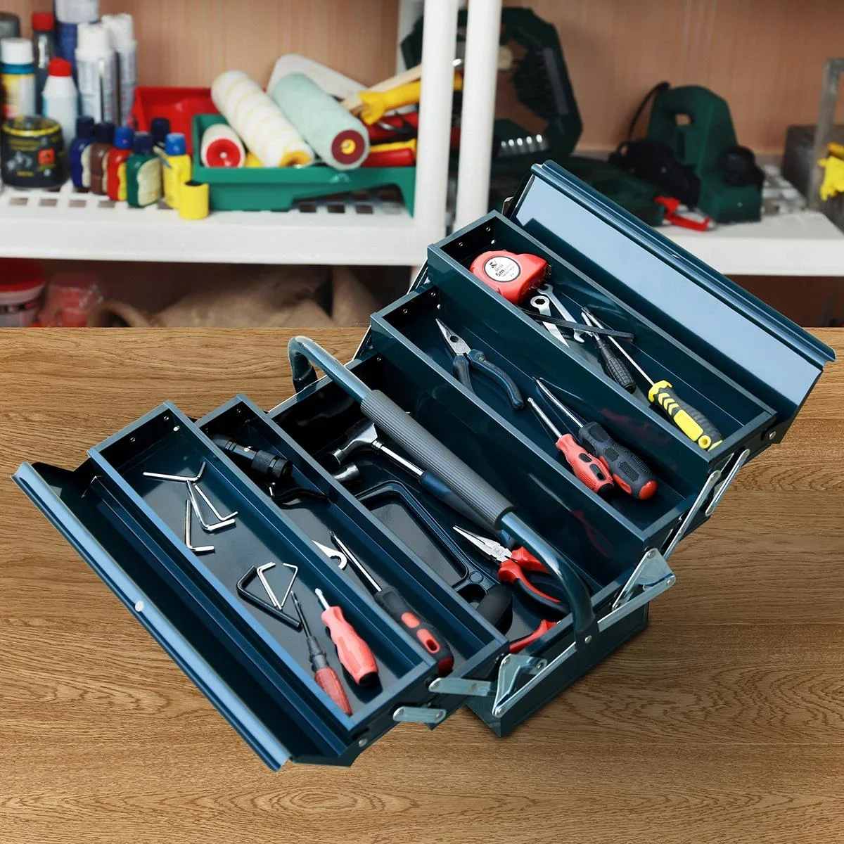Werkzeugkasten Werkzeugkoffer Werkzeugkiste 5 Fächer aufklappbar Stahl (SPCC) Dunkelgrün 57 x 21 x 41 cm - 0