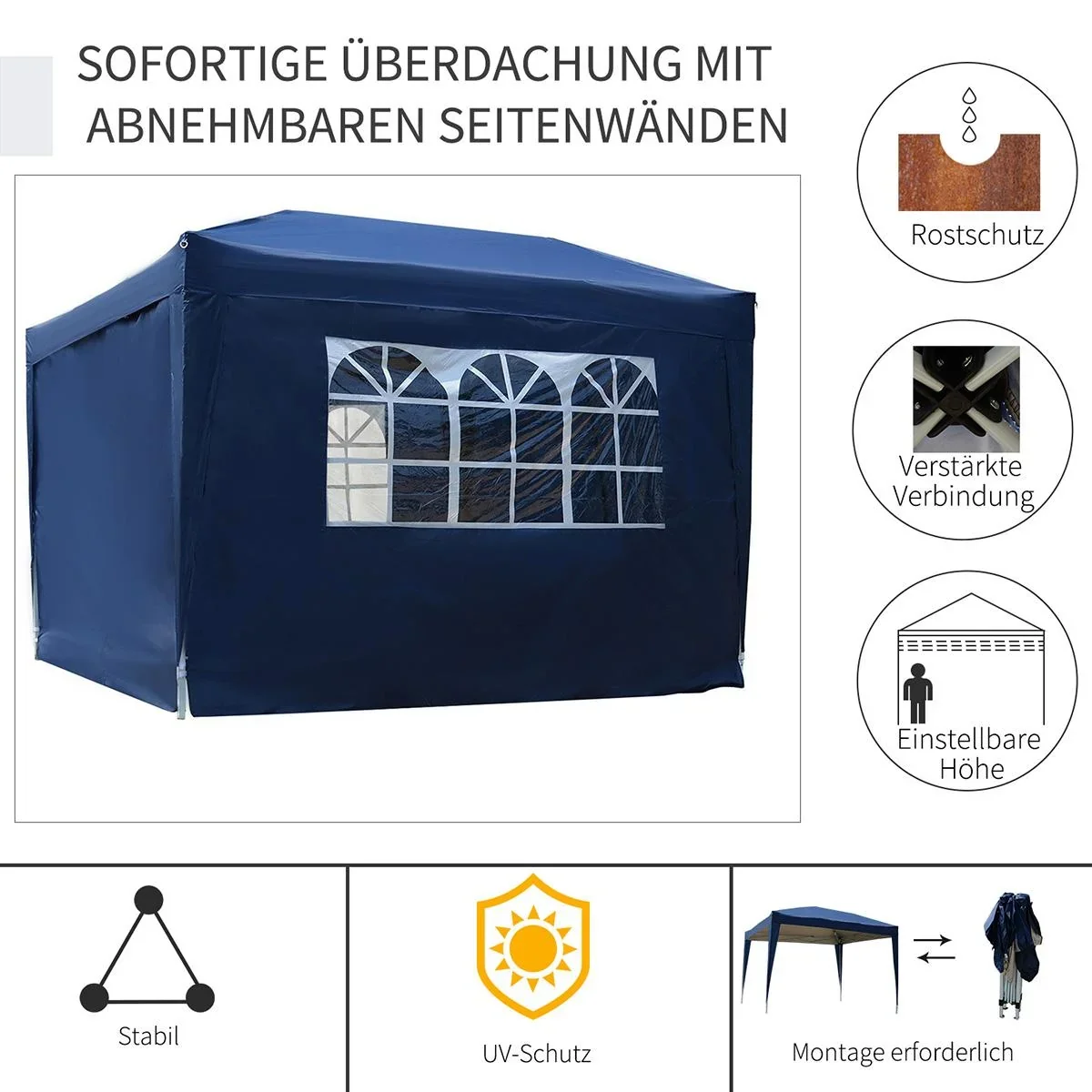 Pavillon 3x3m Faltpavillon 4 Seitenwände mit Fenster Tür mit Reißverschluss Festzelt Gartenzelt Pop-Up-Pavillon inkl. He - 2