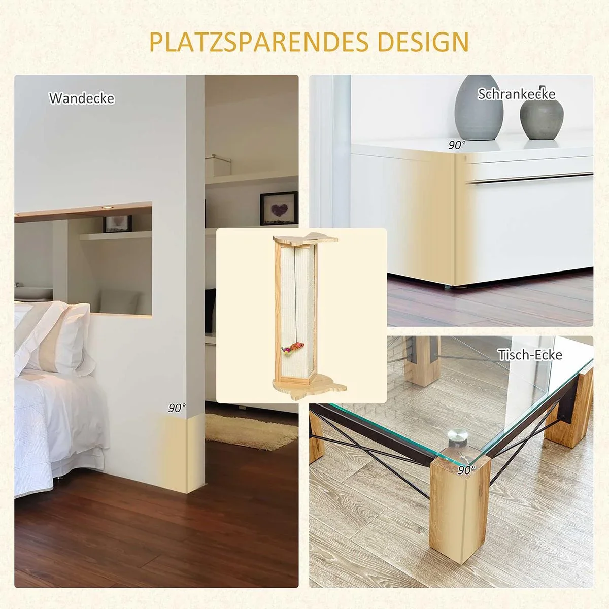 Eck-Kratzbrett Katzenkratzbrett für Wand oder Ecken 62 cm Höhe Wandkratzbrett mit hängendem Spielzeug Sisal Kiefernholz - 0