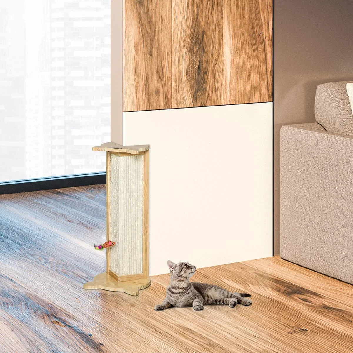 Eck-Kratzbrett Katzenkratzbrett für Wand oder Ecken 62 cm Höhe Wandkratzbrett mit hängendem Spielzeug Sisal Kiefernholz - 3