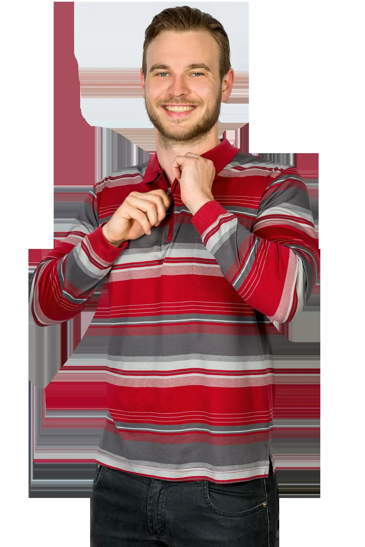 Poloshirt mit Reißverschluß, Farbe rot/gestreift, Gr.2XL - 1