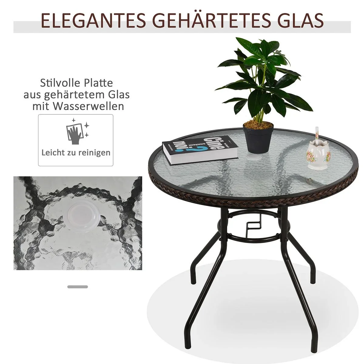 Rattan Gartentisch runder Esstisch Glastisch Gartenmöbel Tisch Polyrattan+gehärtetes Glas Braun Ø80 x 71H cm - 2