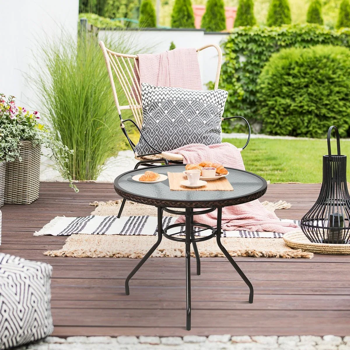 Rattan Gartentisch runder Esstisch Glastisch Gartenmöbel Tisch Polyrattan+gehärtetes Glas Braun Ø80 x 71H cm - 4