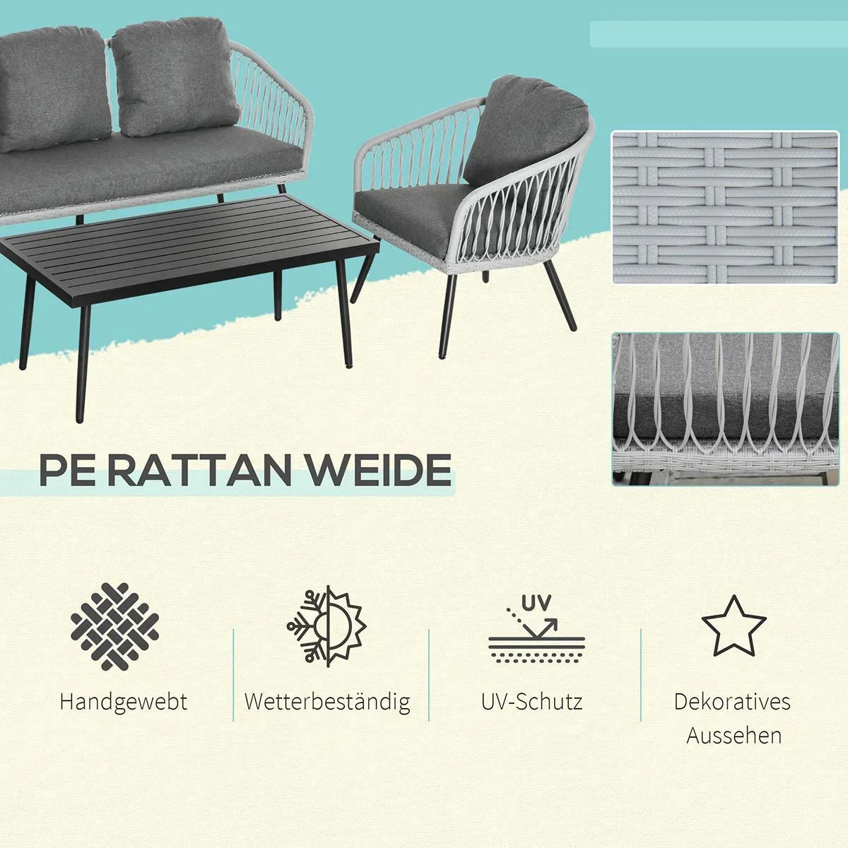 Polyrattan Gartenmöbel Set 4-teiliges Rattensofa-Set Sitzgruppe Sitzgarnitur für Pause Lounge Teetisch mit Sofa Kissen A - 0