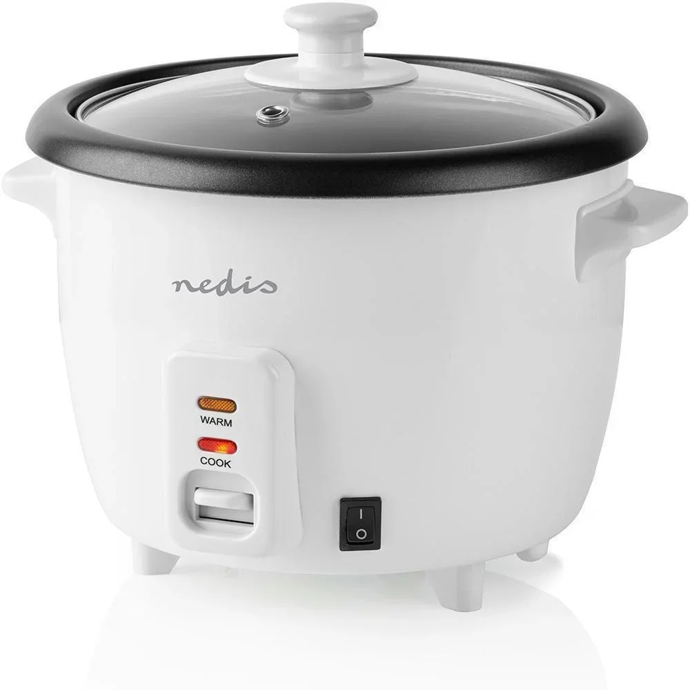 Nedis Reiskocher Abnehmbare Pfanne 1.5L Dämpfdorn Glasdeckel Inkl. Messbecher und Schöpfkelle 500W Weiß - 0