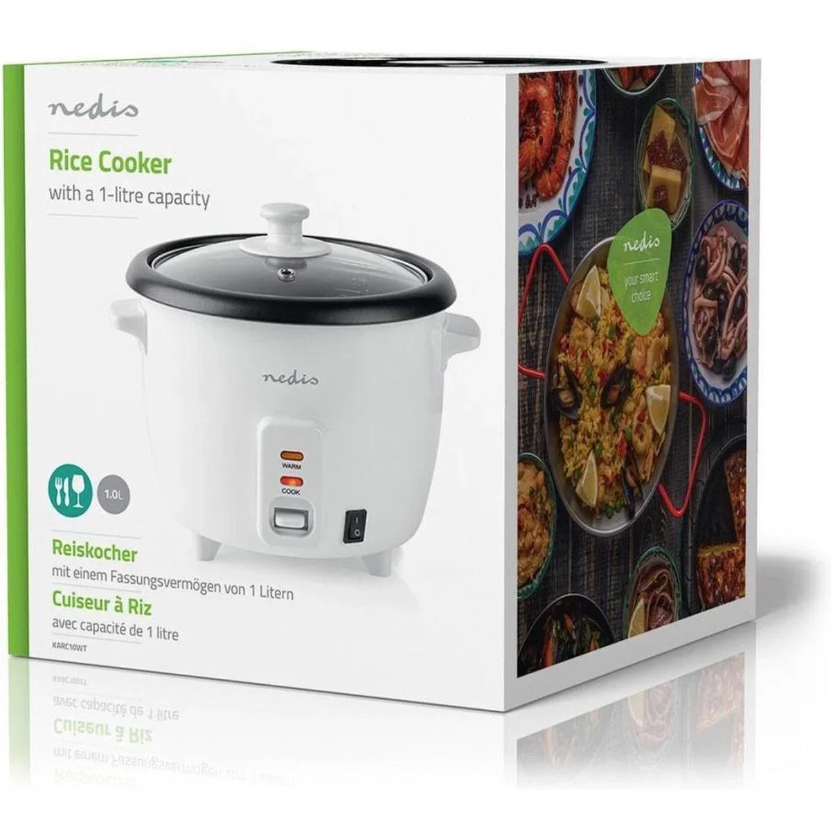 Nedis Reiskocher Abnehmbare Pfanne 1.5L Dämpfdorn Glasdeckel Inkl. Messbecher und Schöpfkelle 500W Weiß - 2