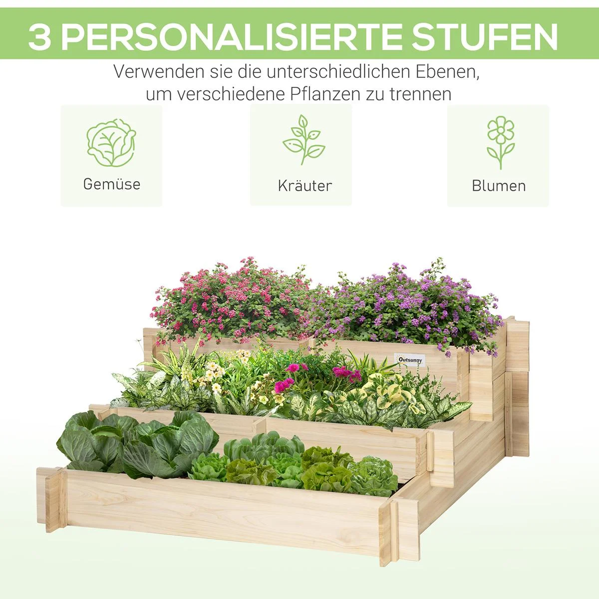 Hochbeet 3-stufige Gartenbeet Pflanzenbeet Kräuterbeet Blumentreppe für Balkon Garten Natur Holz 93 x 93 x 35 cm - 0